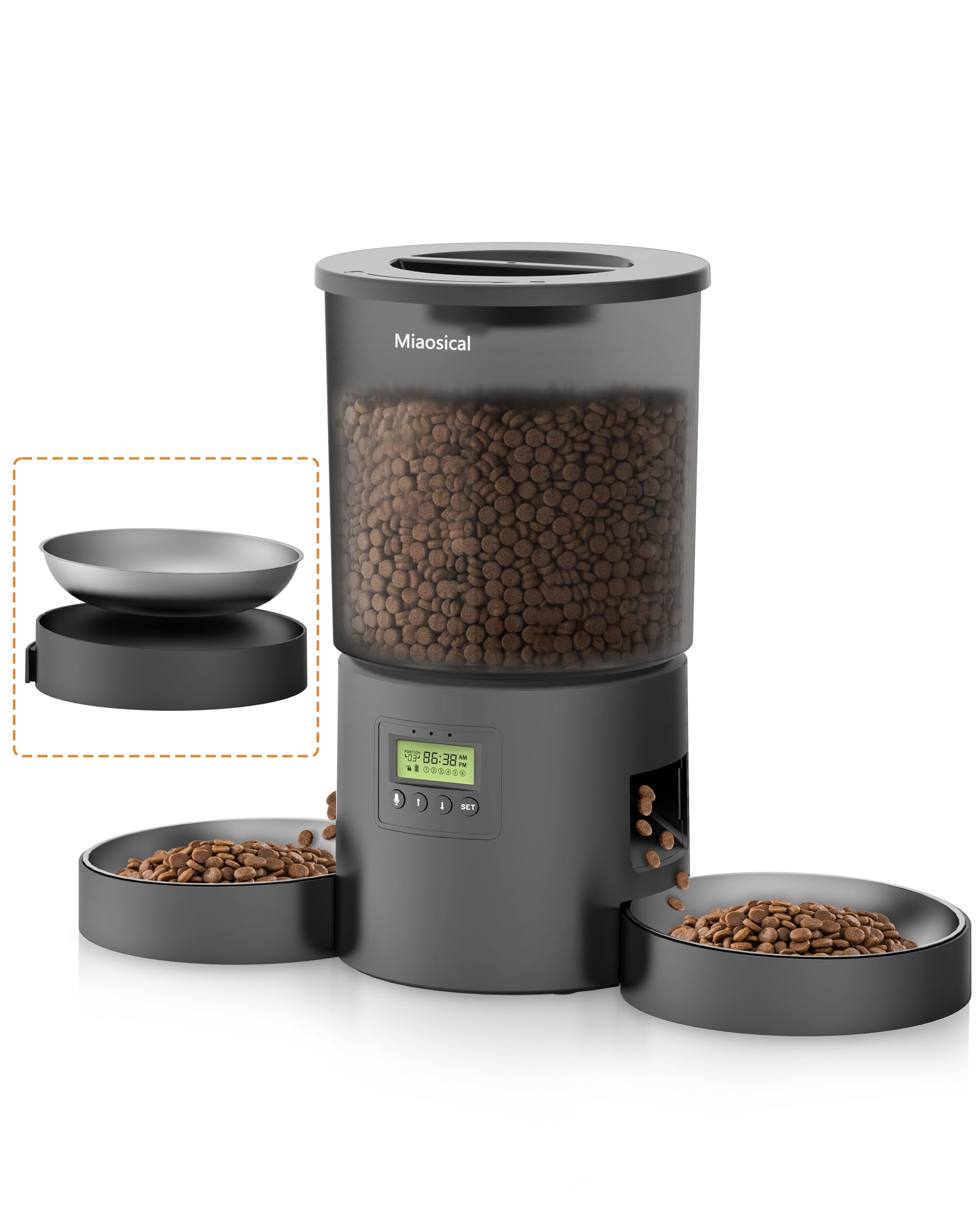 Miaosical Automatic Cat Feeder for 2 Cats, 4.2L Dual Food Dispenser, Up to 6 Meals/Day, Portion Control, Voice Message, Dual Pow