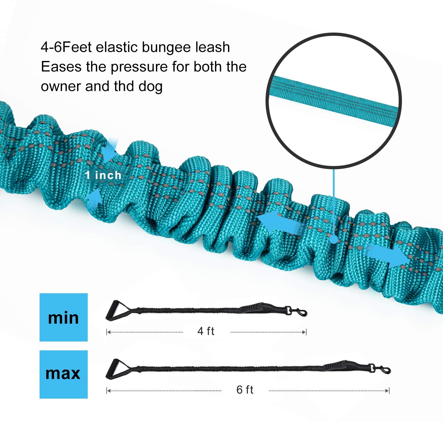 Leadsom 6Ft Highly Reflective Heavy Duty Elastic Bungee Medium And Large Dog Leash Shock Absorbing With Comfortable Padded Handl