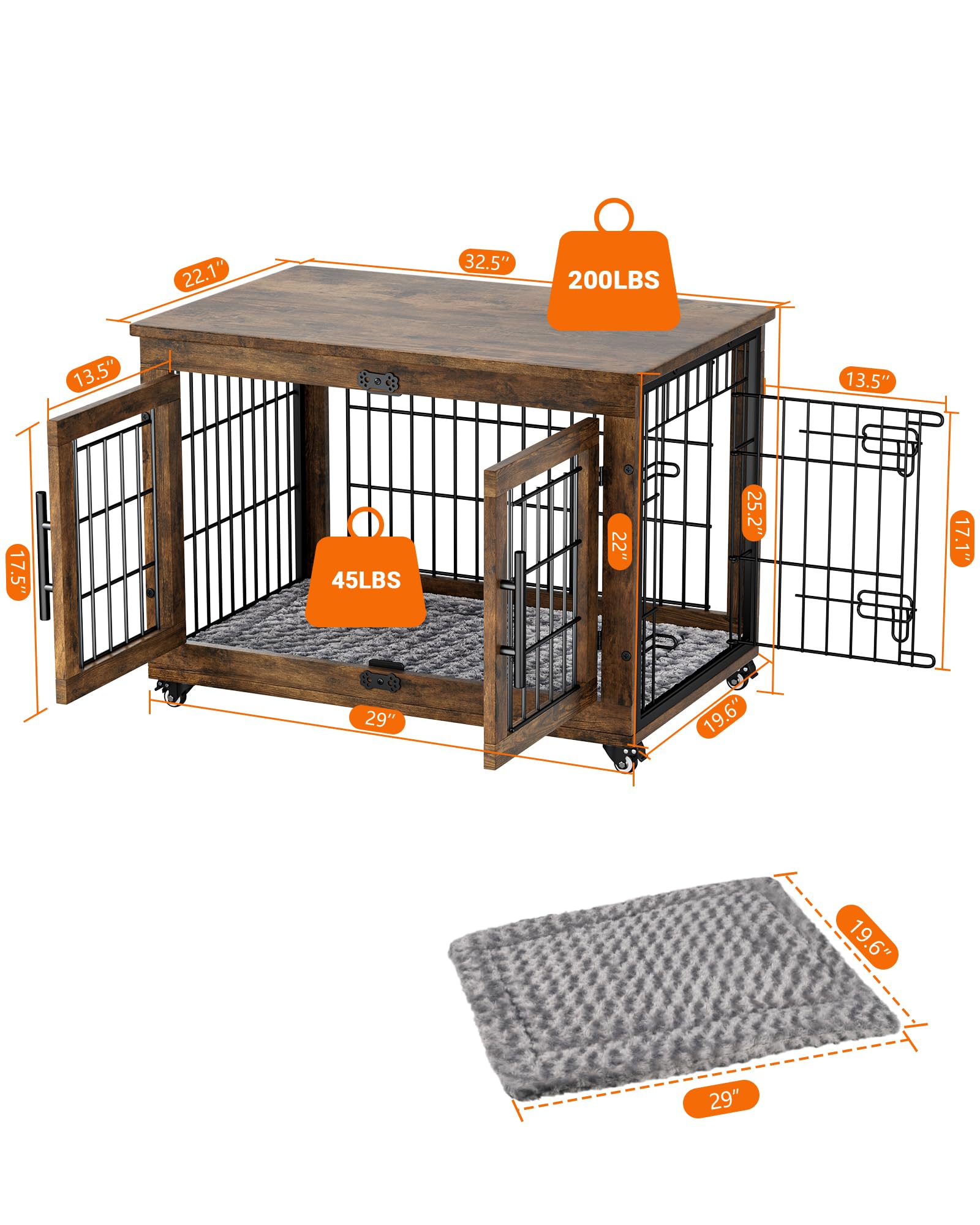 Dog Crate Furniture with Cushion, Wooden Dog Kennel Indoor with Double Doors, Dog Cage with Wheels, Dog House Side End Table for