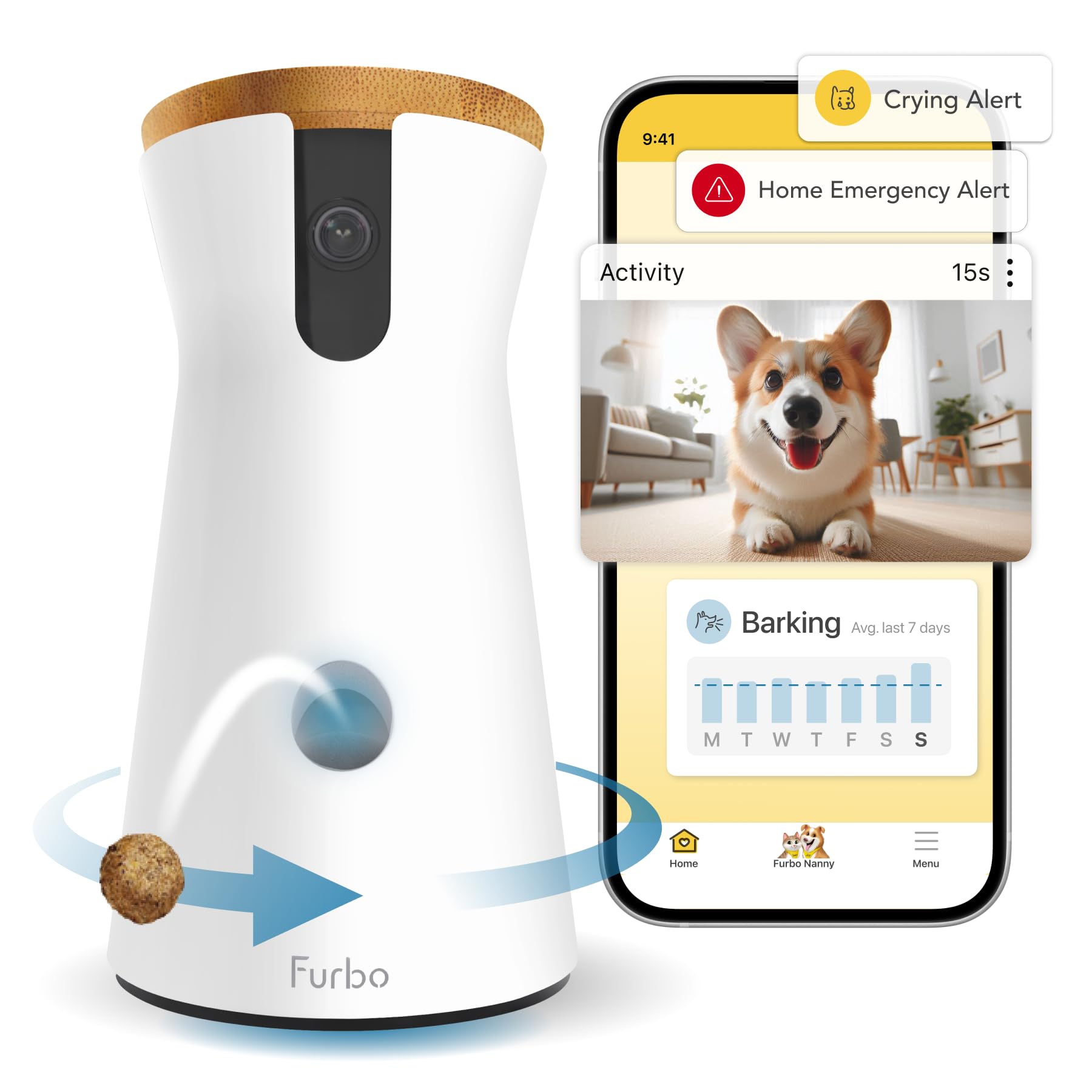 Furbo 360 Dog Camera + Nanny Bundle: Home Security & Dog Safety Alerts, Rotating Pet Treat Dispenser Camera with Speaker, Smart 