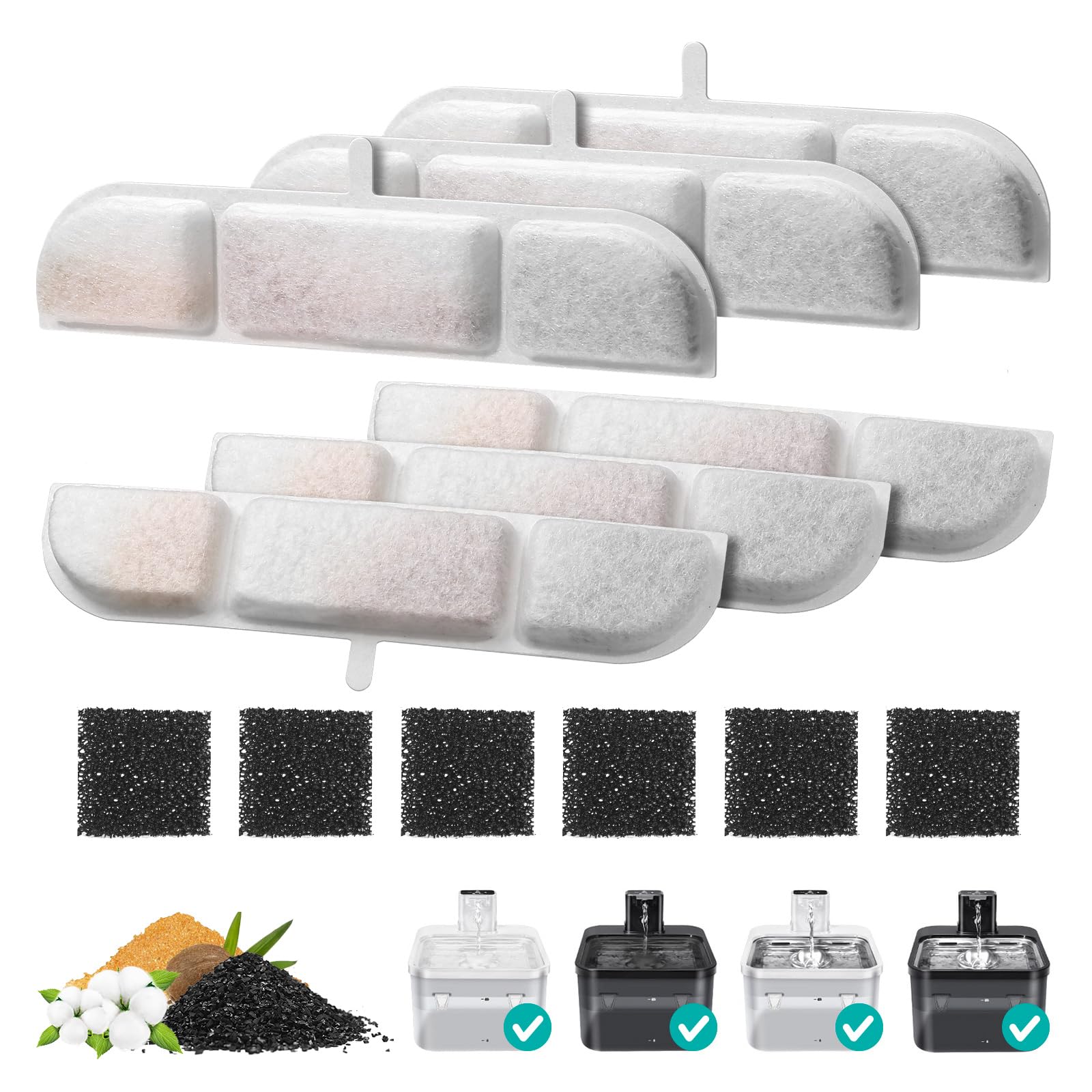 Cat Fountain Filter, 6 Packs Replacement Filters For Battery Operated Cat Water Fountain, 6 Pcs Pet Fountain Filter & 6 Pcs Spon