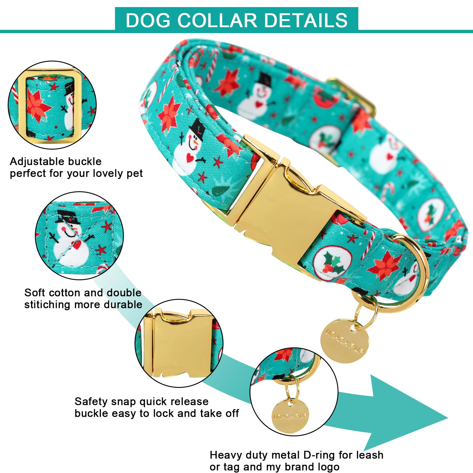 Up Urara Pup Cotton Christmas Collar For Puppy, Girl Dog Or Cat, Green Flower With Durable Metal Buckle, Snowman Gift, S, Neck 1