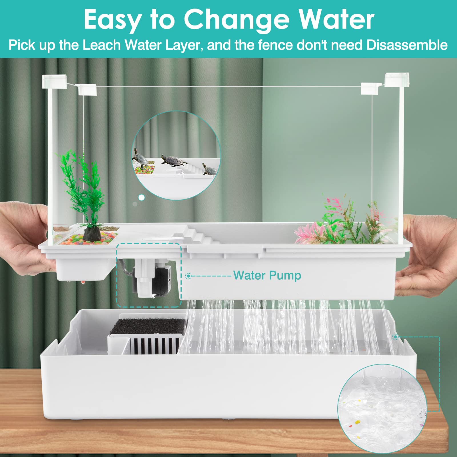 Geegoods Turtle Tank With Light And Water Pump, Aquarium With Platform Plants For Pet Reptile Habitat (15.7''X11.8''X10'')