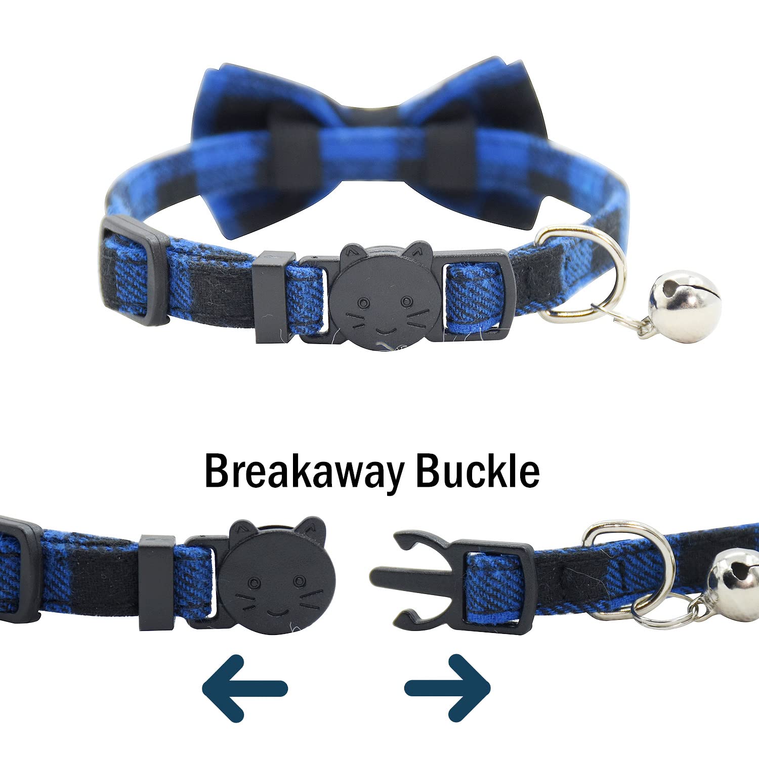 Cat Collar Breakaway With Bell And Bow Tie, Plaid Design Adjustable Safety Kitty Kitten Collars(6.8-10.8In) (Blue Plaid 3)
