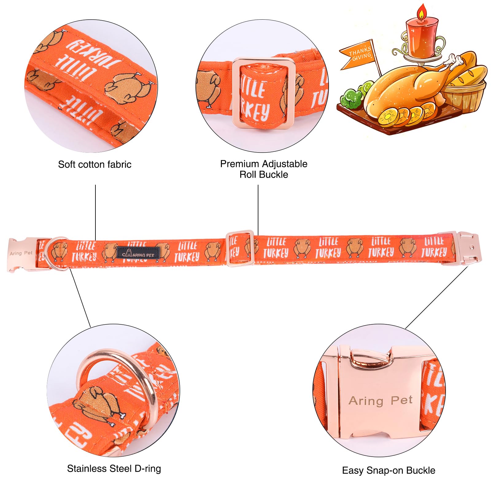Aring Pet Thanksgiving Dog Collar - Cotton Turkey Dog Collar With Bow, Adjustable Fall Orange Turkey Puppy Collars With Metal Bu