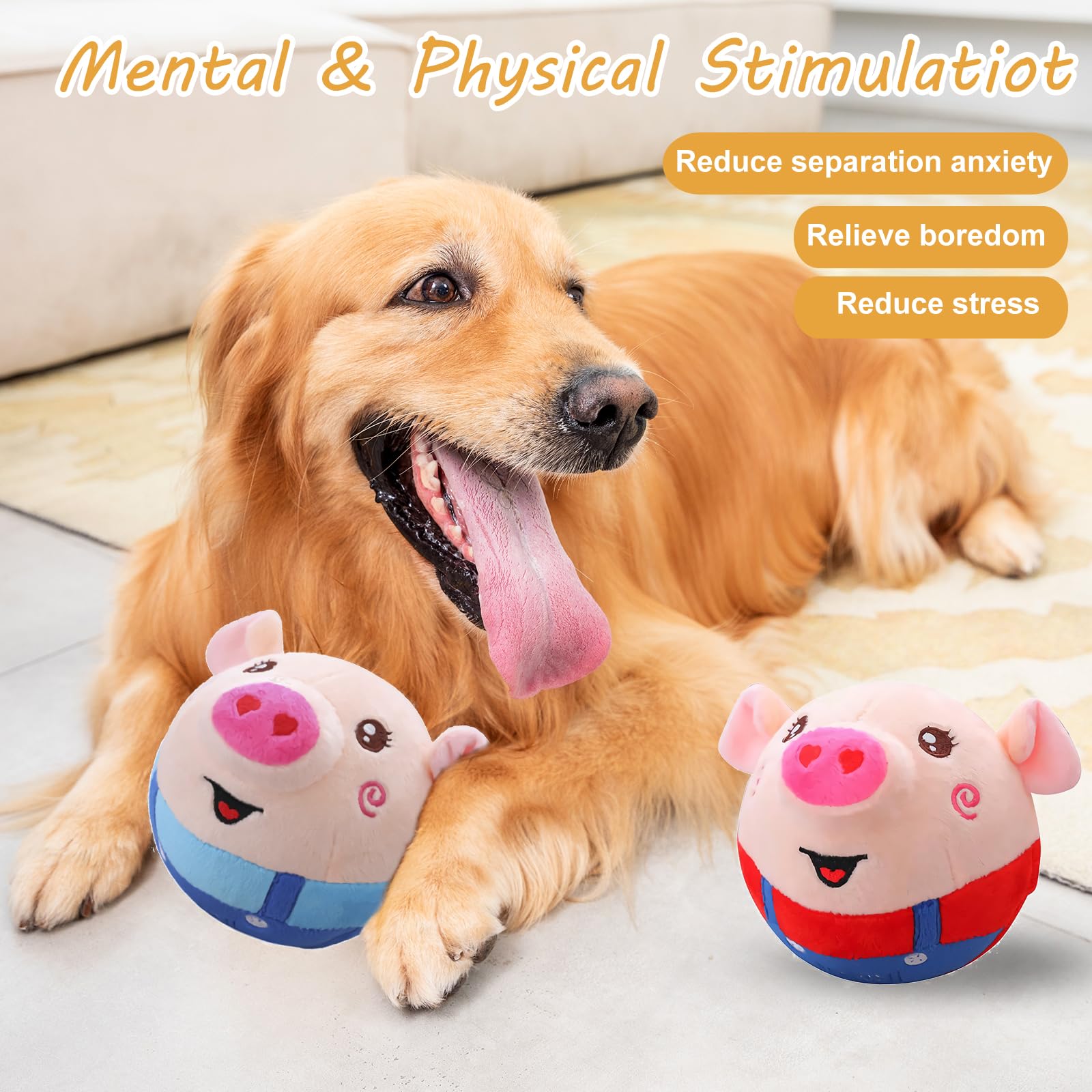 Active Moving Pet Plush Toy, Smart Interactive Dog Toy Pet Bouncing Balls, Usb Rechargeable Washable Cartoon Pig Plush Squeaky P
