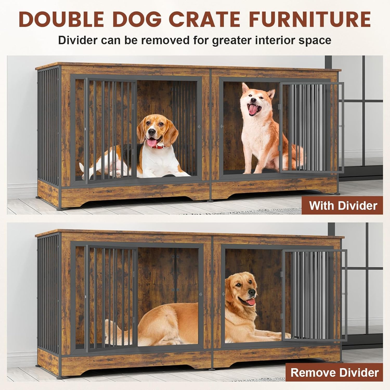 Yafylly 75 Inch Double Dog Crate Furniture, 3 in 1 Dog Cage for Large Dogs, Durable Brown TV Stand Dog Crate with Trays and Divi