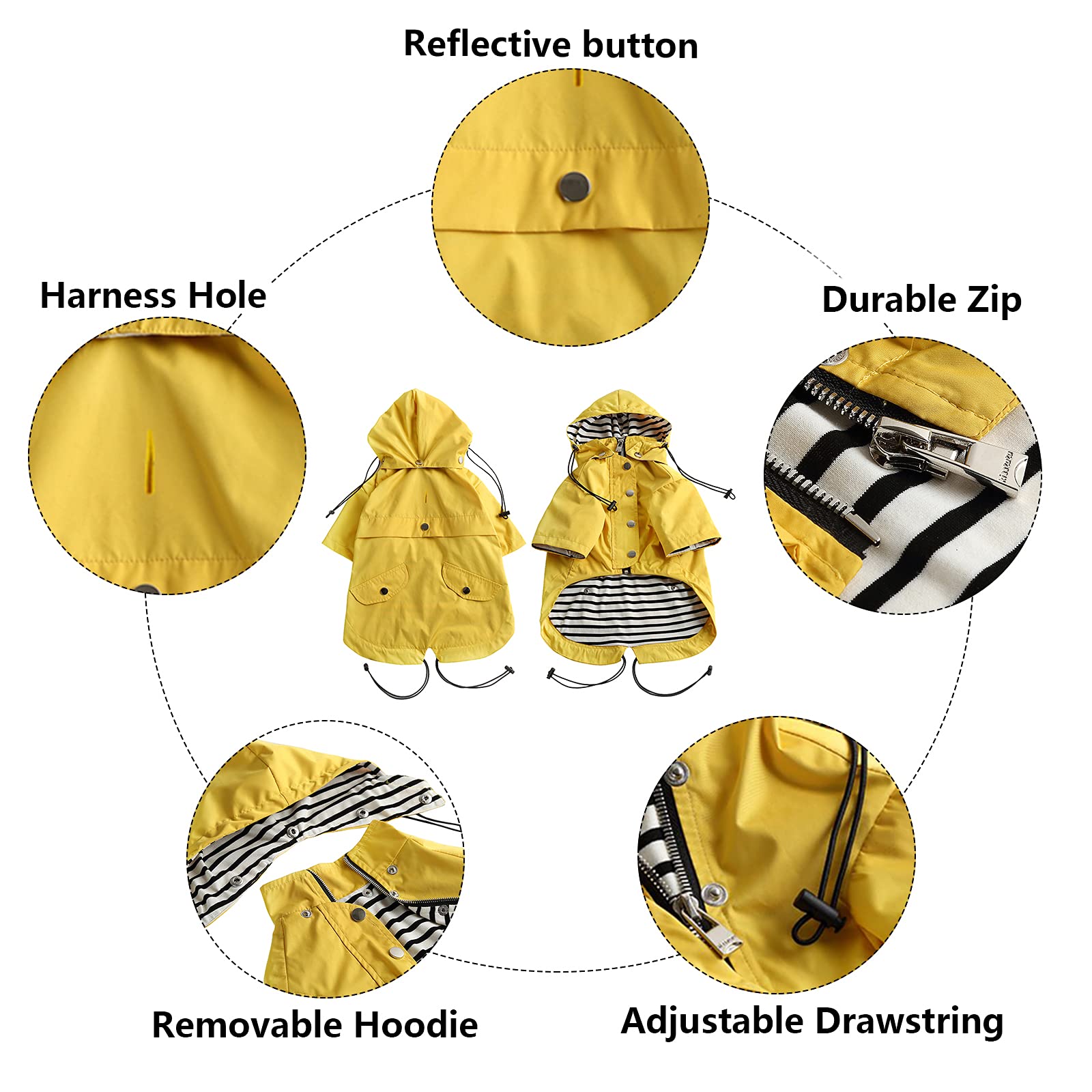 Morezi Dog Zip Up Dog Raincoat With Reflective Buttons Rain Water Resistant Adjustable Drawstring Removable Hood Pocket Dog Raincoats With Legs 8Lbs To 80Lbs Available Yellow M