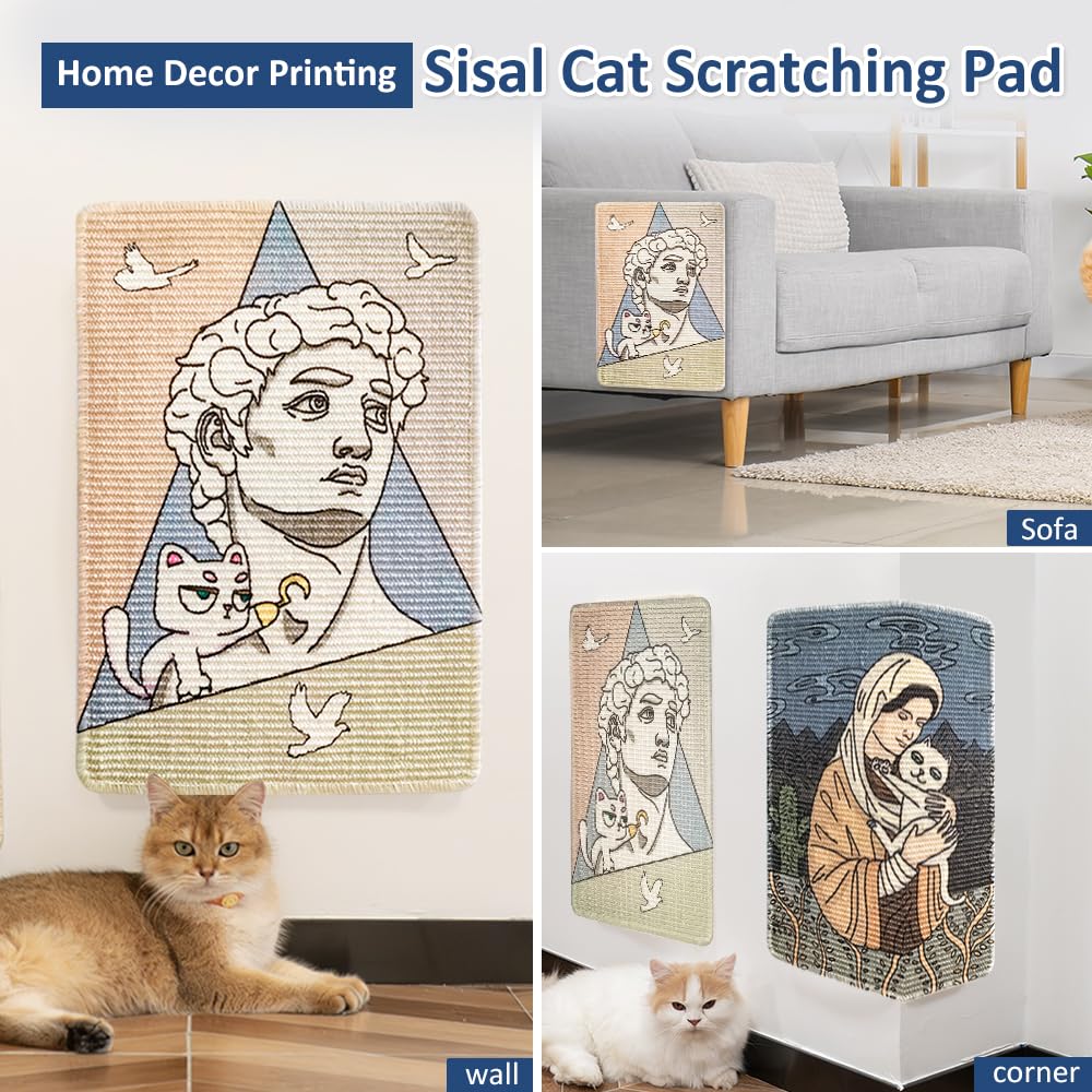 Natuay Sisal Cat Scratcher, Self-Adhesive Artistic Cats Scratching Pad For Wall Couch, Furniture Protector With Twist Pins (Davi