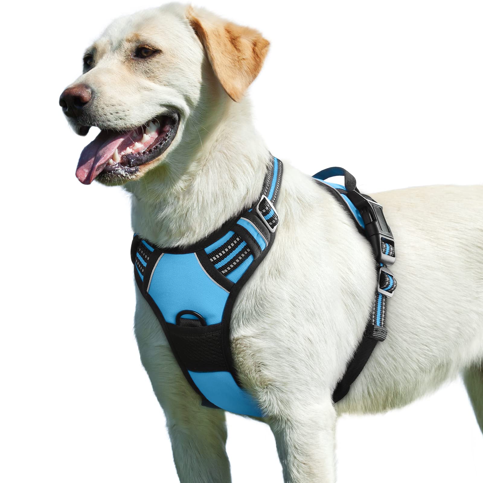 Eagloo Dog Harness For Large Dogs, No Pull Service Vest With Reflective Strips And Control Handle, Adjustable And Comfortable For Easy Walking, No Choke Pet Harness With 2 Metal Rings, Sky Blue, L