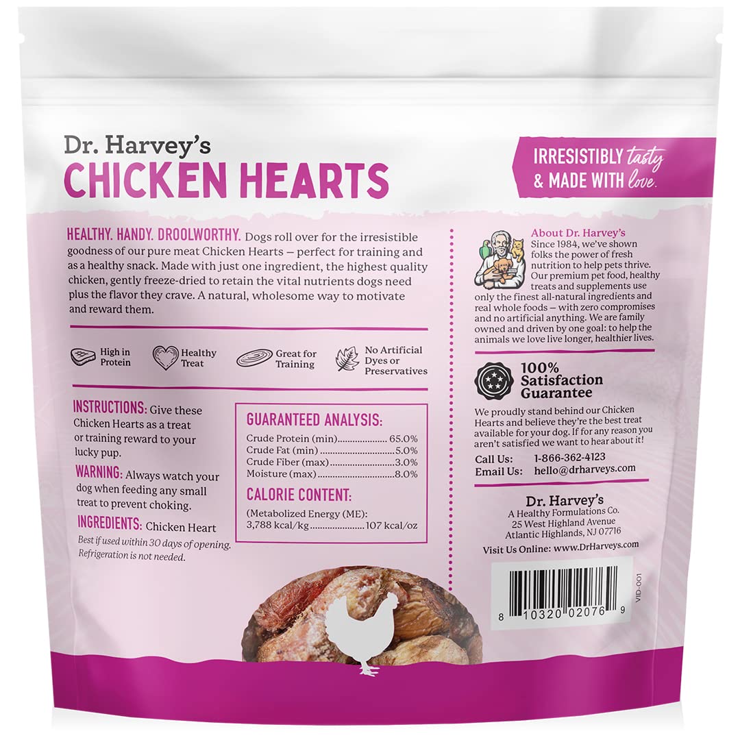 Dr. Harveys Freeze-Dried Chicken Hearts - Training Dog Treats, Single Ingredient, All-Natural USA Sourced Protein, Allergen-Fre