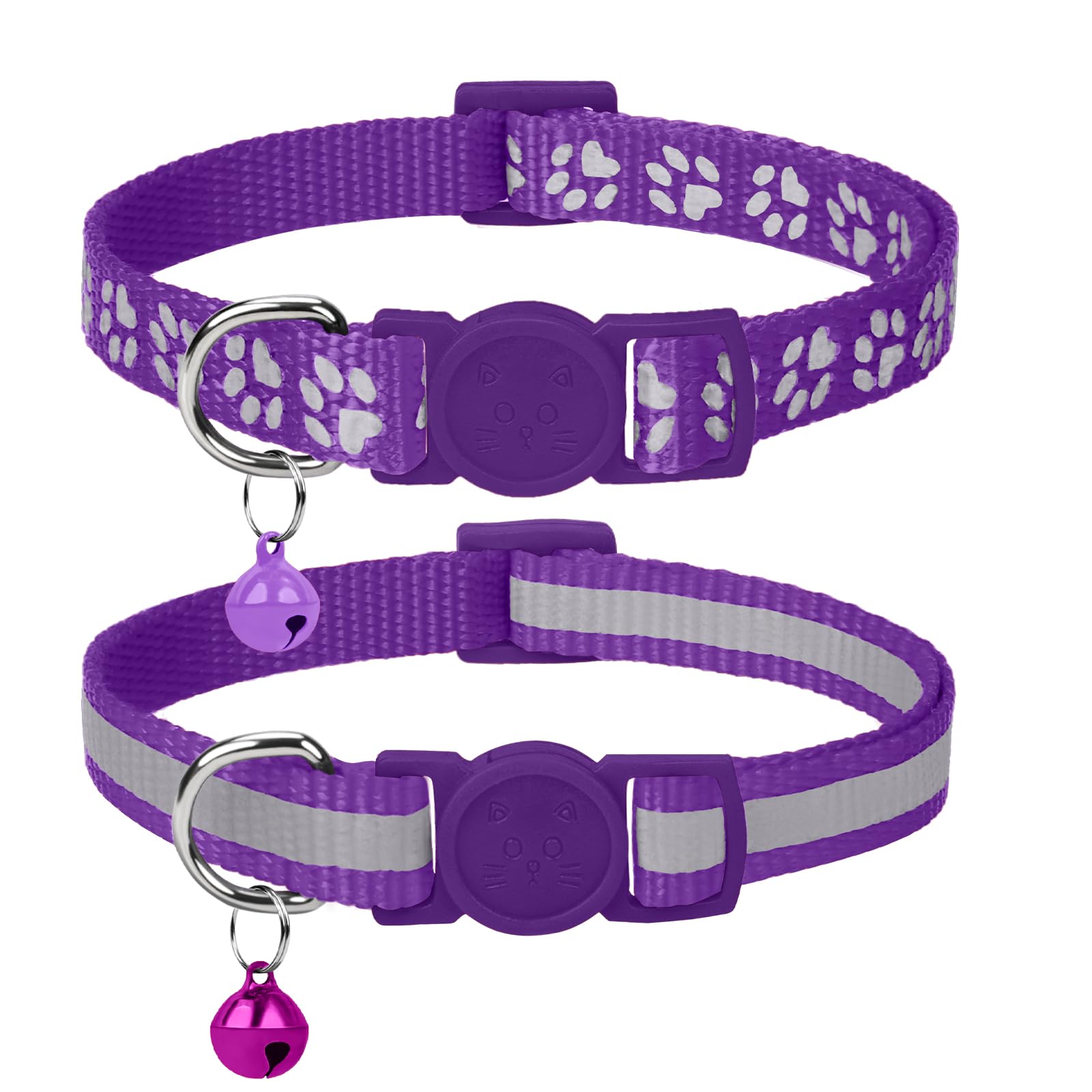 Taglory Reflective Cat Collars Breakaway With Bell, 2 Pack Girl Boy Pet Kitten Collar Adjustable 6-8 Inch, Purple