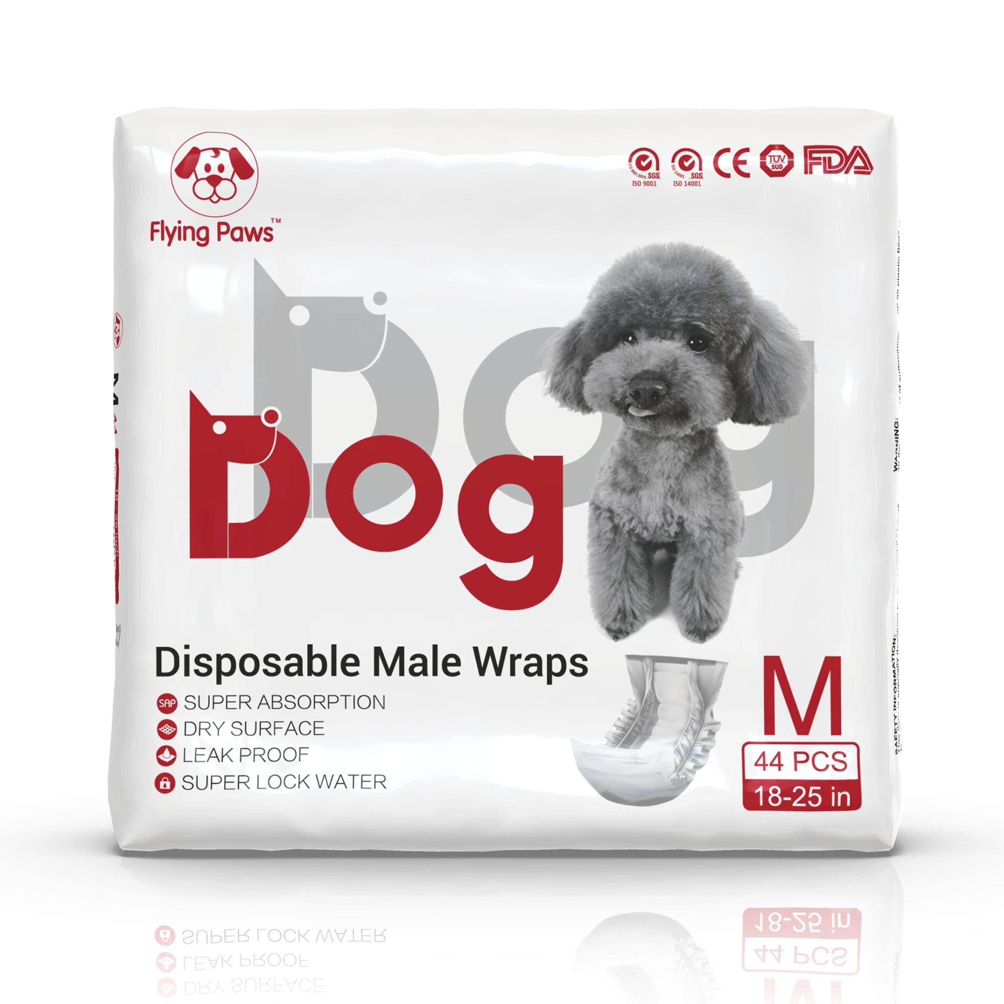 Flying Paws Male Dog Diapers - Absorbent Belly Bands for Incontinence, Medium, Pack of 44