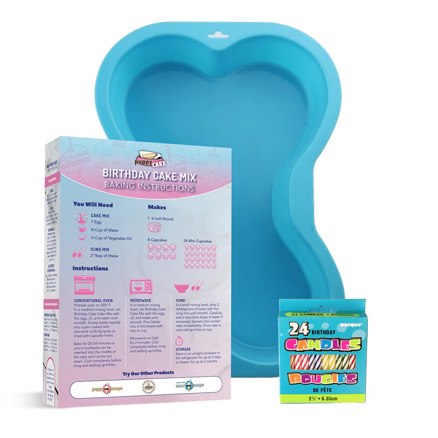 Puppy Cake Mix Dog Birthday Cake Kit, with Bone Silicone Pan and Candles (Birthday Cake, Blue) Made in USA