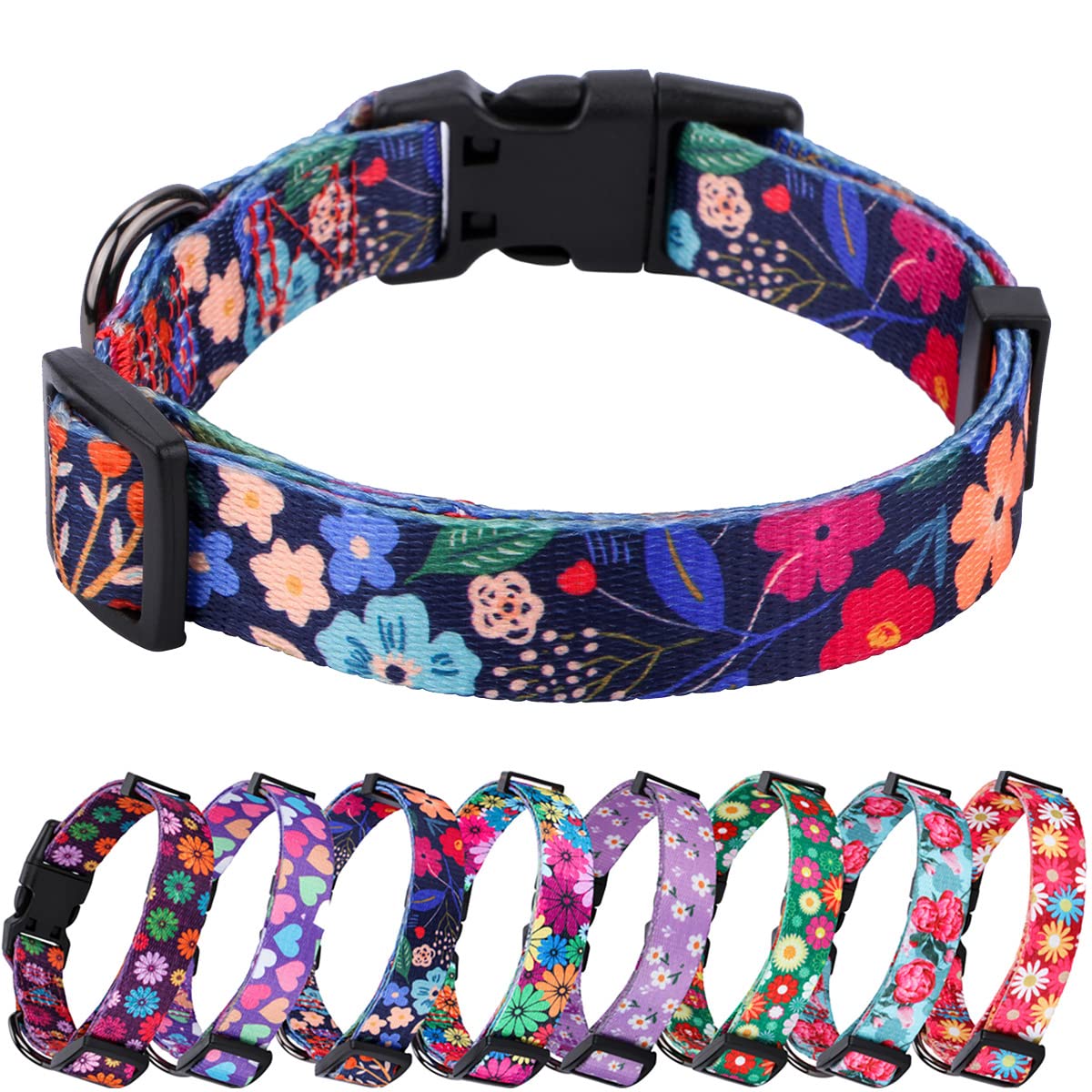 Rhea Rose Dog Collar For Medium Dogs Special Design Cute Floral Plant Pattern Girl Female Pet Collar (Black, M)