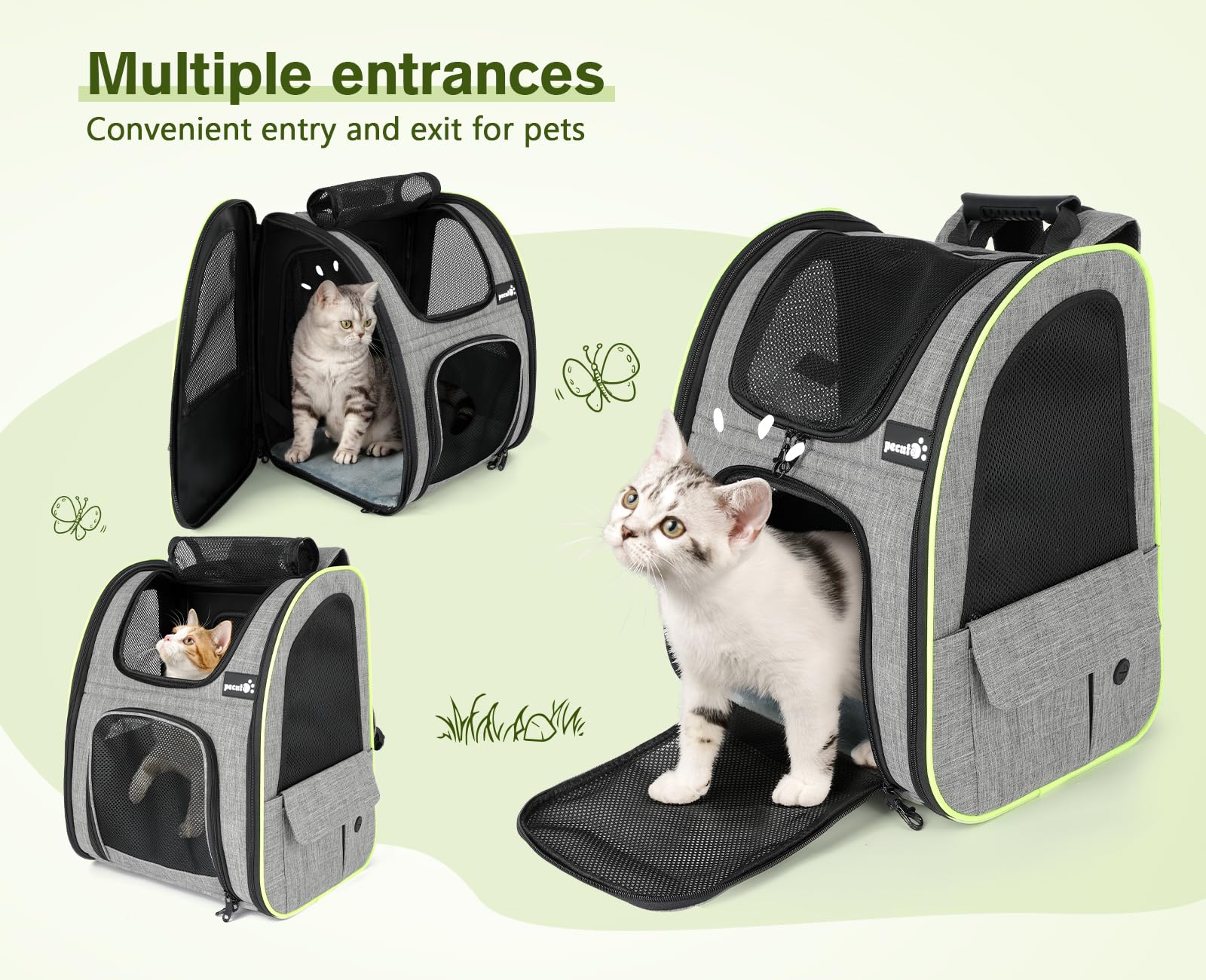 Pecute Cat Carrier Backpack - Expandable, Breathable Mesh, Grey, L, Model PC-PCB03 for Cats & Small Dogs Up to 17 Lbs, Great for Travel & Hiking