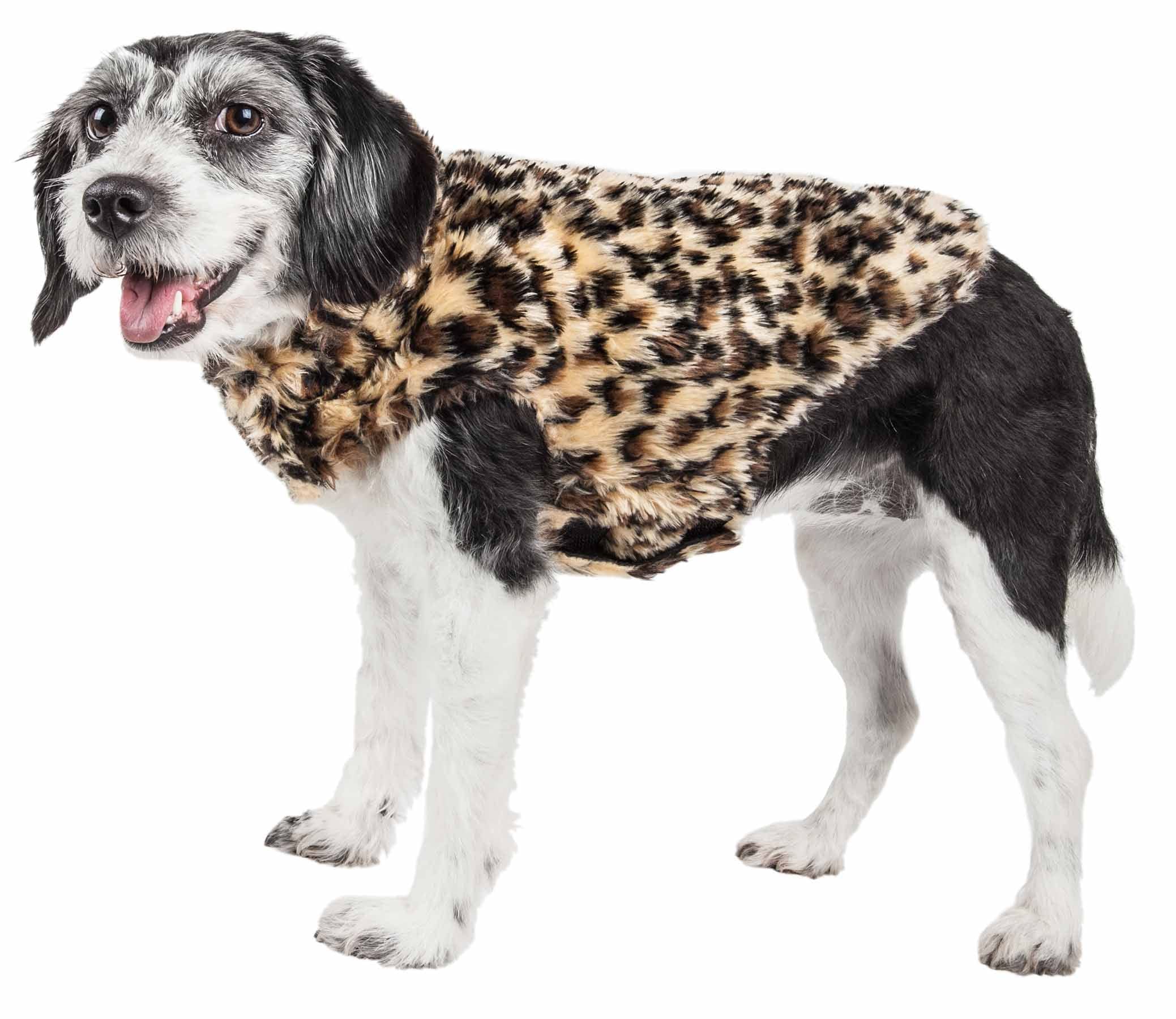 Pet Life ® Luxe 'Poocheetah' Ravishing Cheetah Patterned Mink Fur Dog Coat - Dog Jacket With Easy Hook-And-Loop Belly Enclosures - Winter Dog Coat For Small Medium Large Dog Clothes