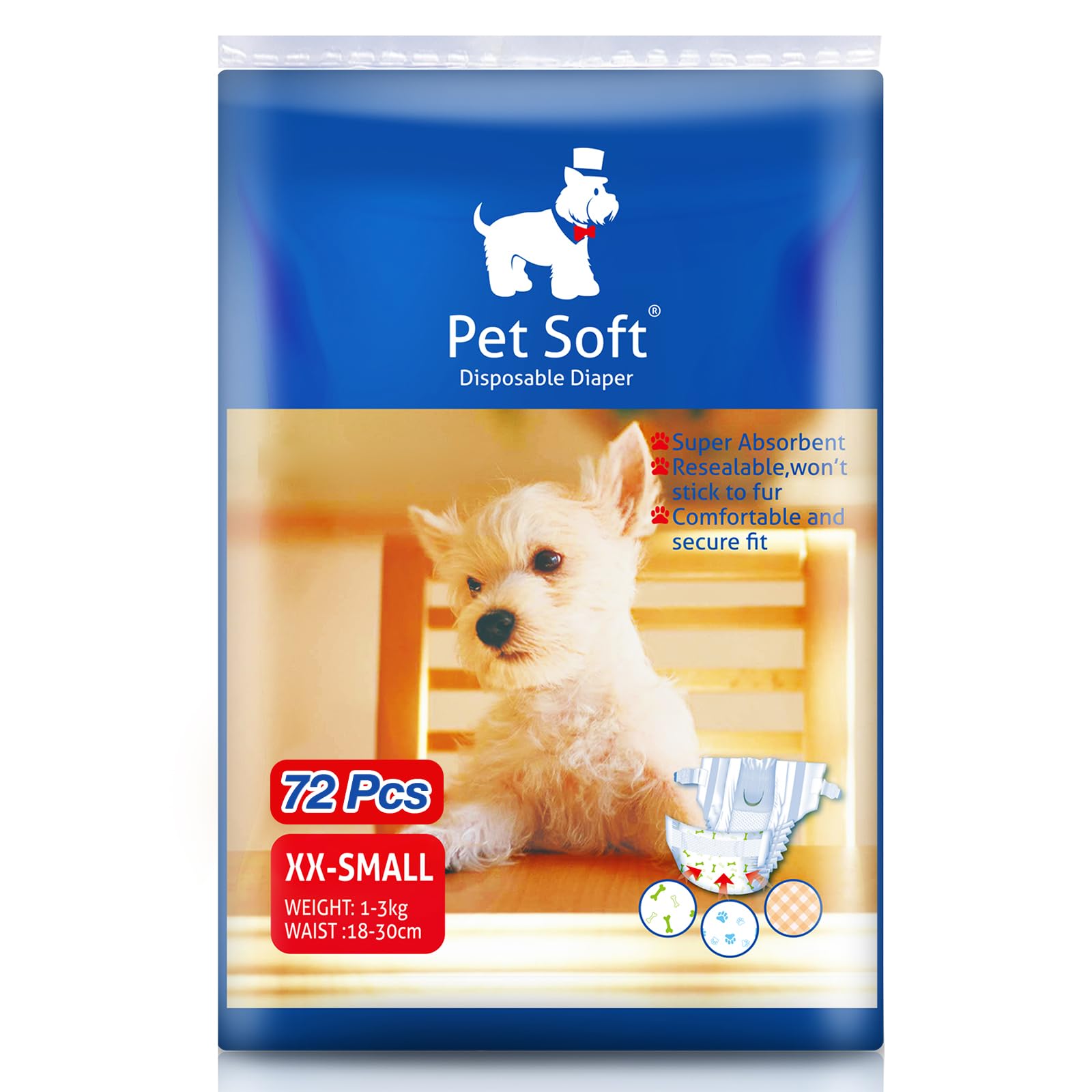 Pet Soft Dog Diapers Female - Disposable Puppy Diapers, Cat Diaper 72Pcs Xxsmall