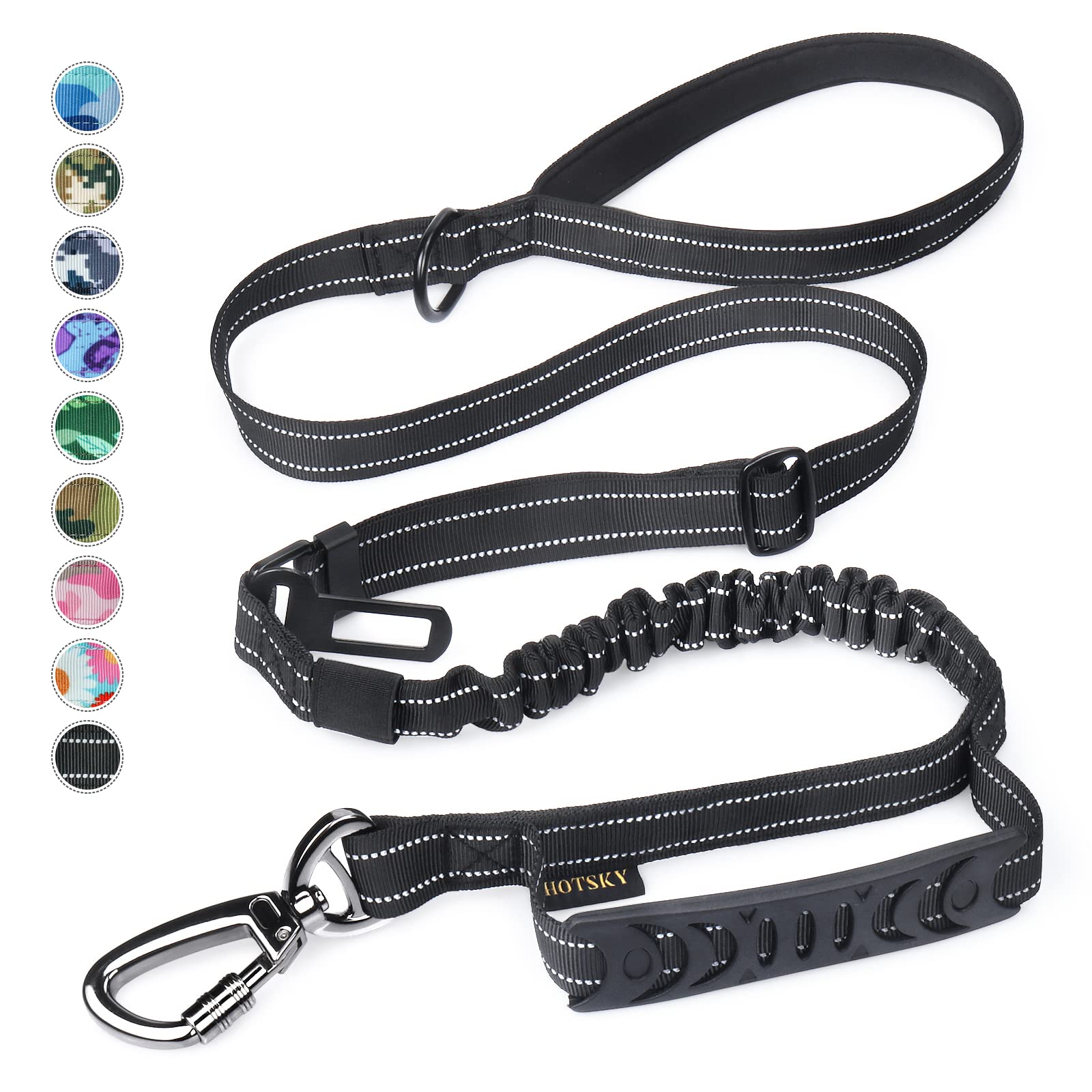 Hotsky Dog Leash For Large Dogs, Heavy Duty Tactical Dog Leash Rope With Control Handle Car Seatbelt Highly Reflective Threads, 4Ft 6Ft Retractable Bungee Dog Leash Tether With For Training, Black