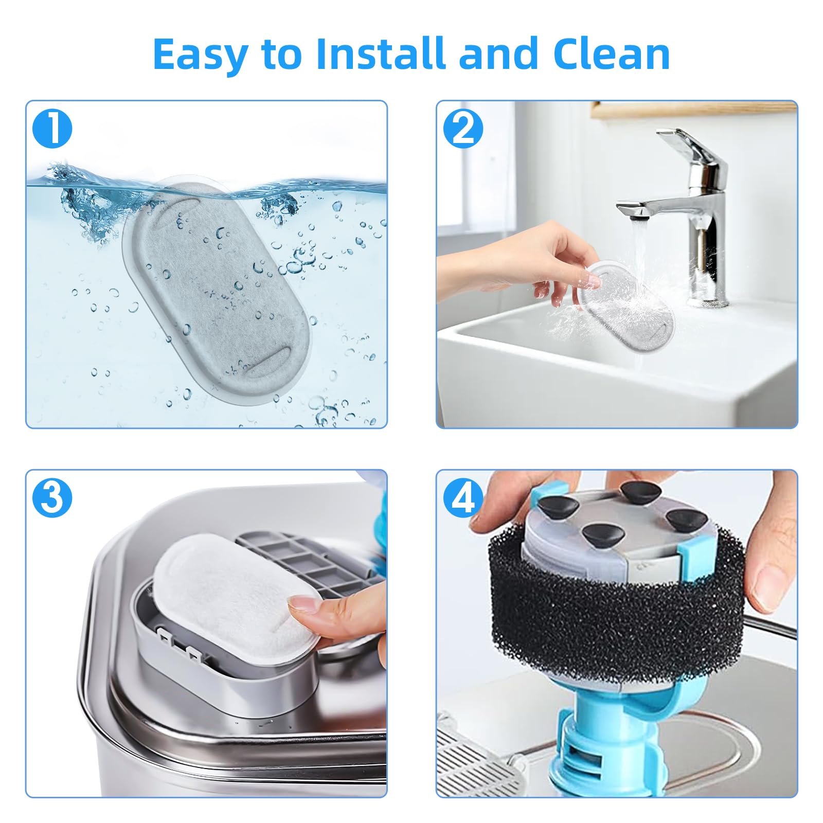 Eyehoce 40 Pack Cat Water Fountain Filters - Replacement Filters for Stainless Steel Pet Fountains, Includes 20 Sponges, Adjustable Flow, Black