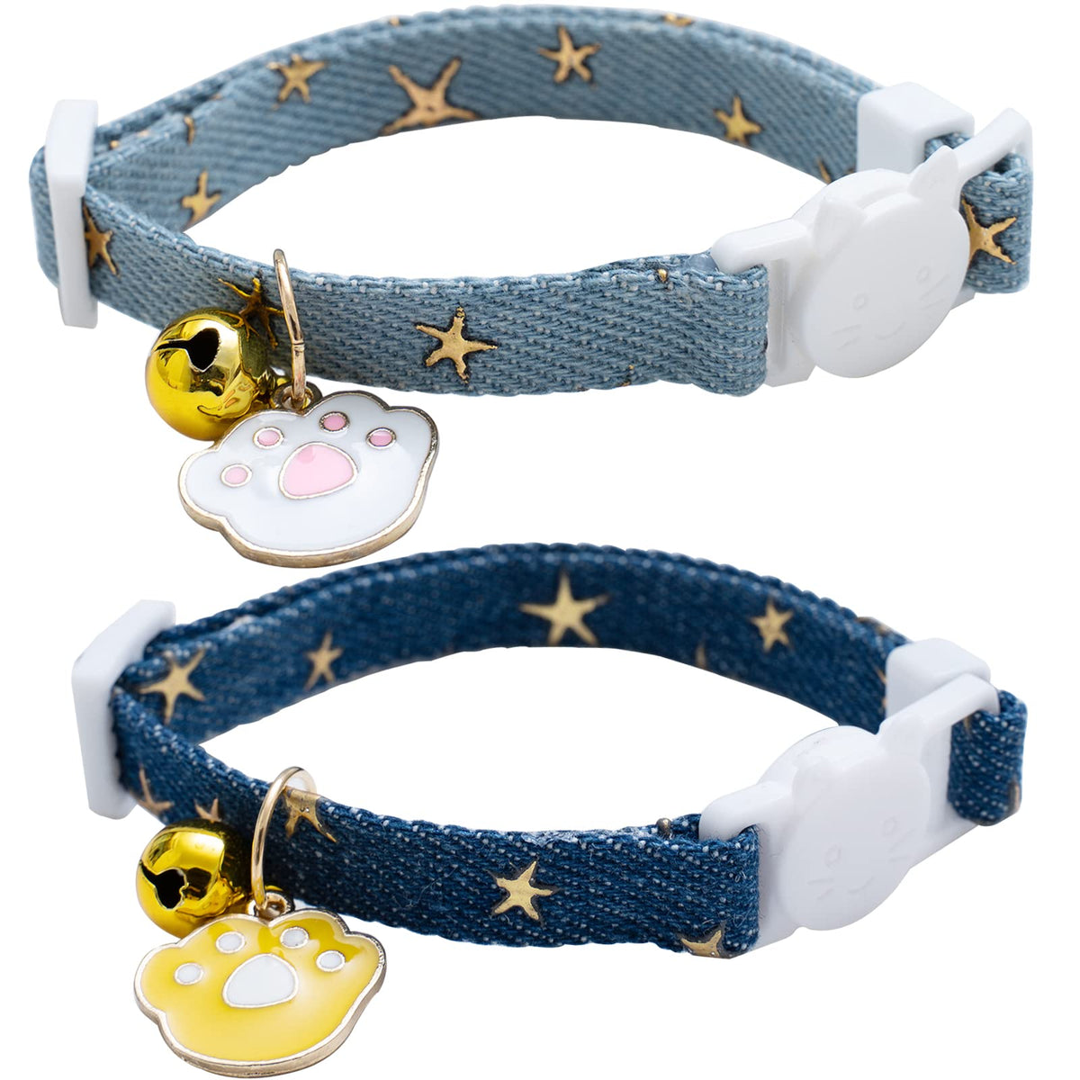 2 Pack Denim Breakaway Cat Collars With Bell Cat Paw Pendant Kitty Kitten Collars Blue Collar For Female Girl Cats Male Boy Cats Star Print