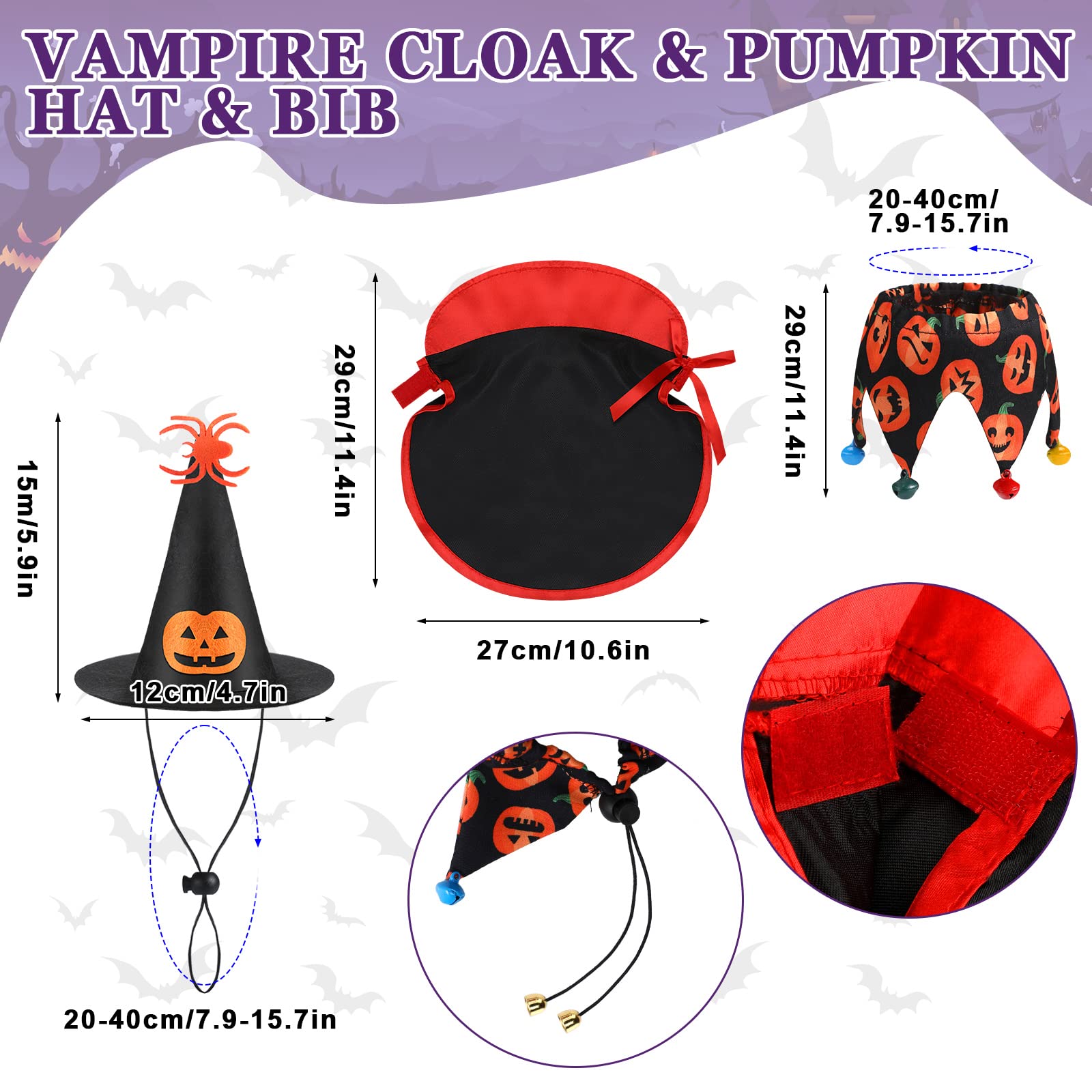 Halloween 5 Pieces Pet Costume Cat Dogs Cosplay Clothes Vampire Cloak Bat Pumpkin Hat Bib With Bells Wings Dinosaur Dragon Cat Collar Small Kitty Puppy Outfits For Halloween Party Pet Cosplay