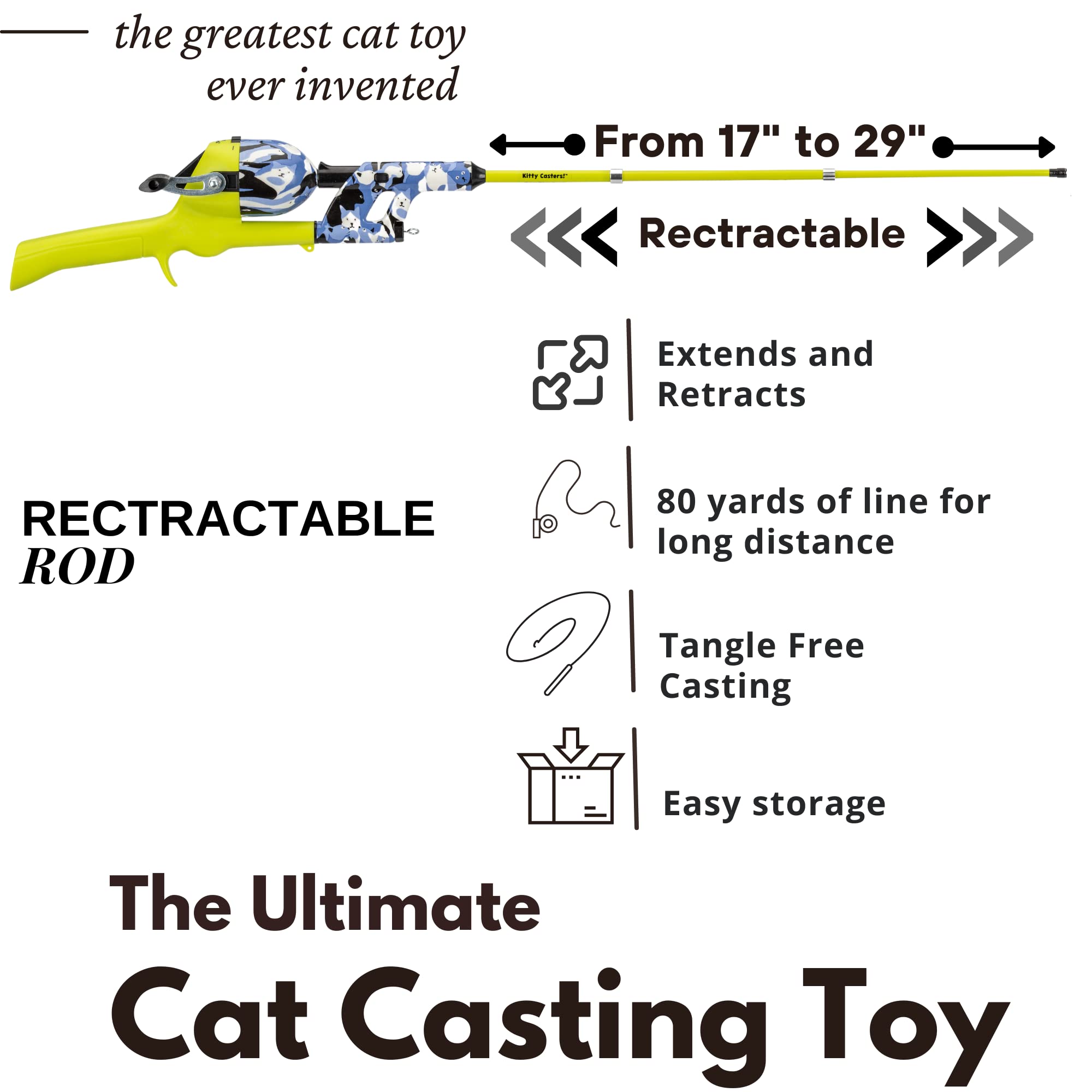 Cat Caster Fishing Pole Toy | Tangle Free & Easy To Store. Includes One Soft Toy And 2 Plastic Fish | The Ultimate Gift For Kitt