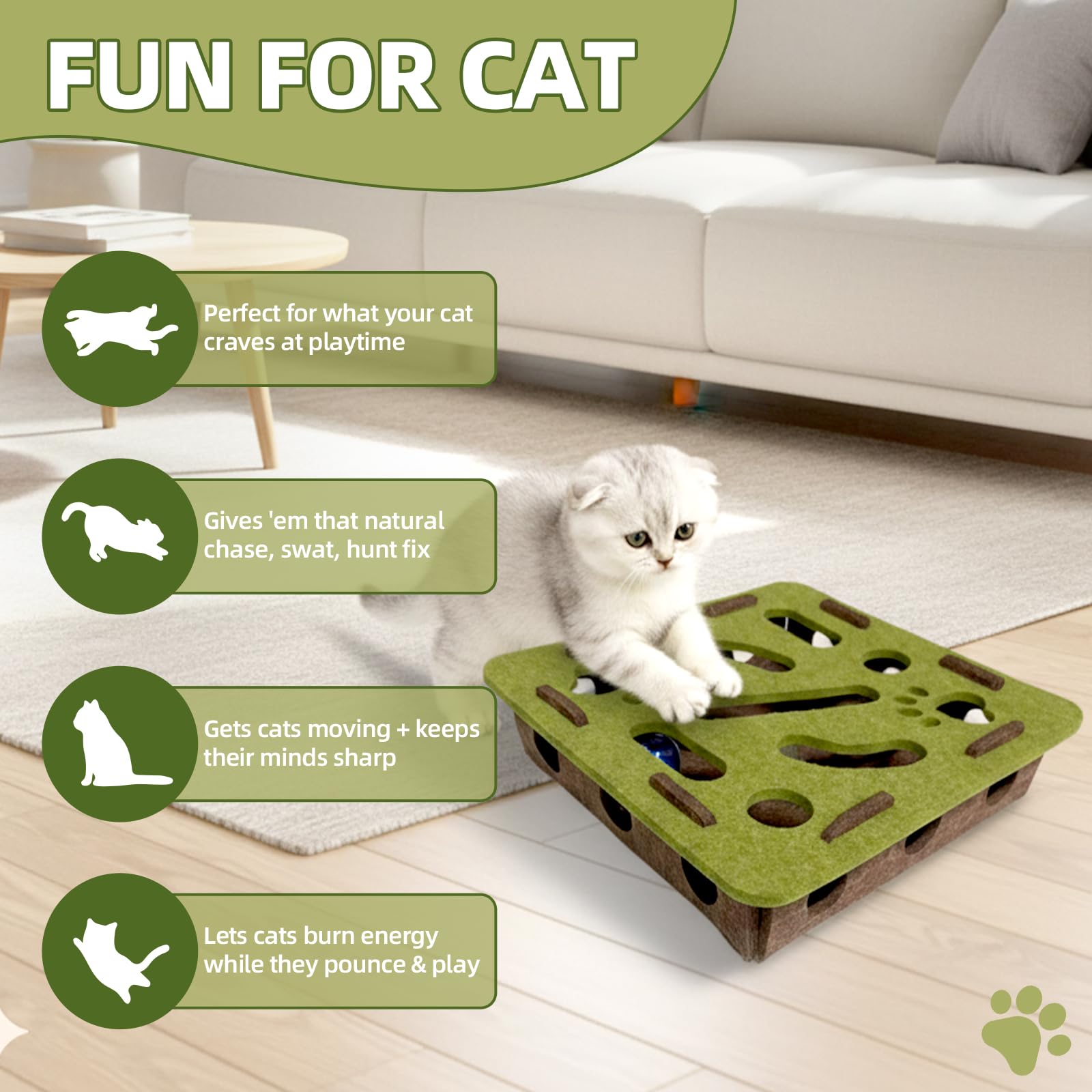 OVRRCSME Interactive Soft Felt Cat Puzzle Toy with Ball and Bell