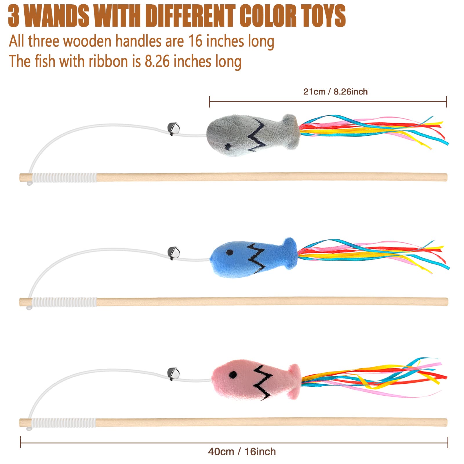 Natural Wood Cat Wand Toy With Ribbon Fish Teaser - 3Pcs, 16 Inch, Indoor Cat Exerciser & Playing Kitten Toy, Bonus 5Pcs Catnip