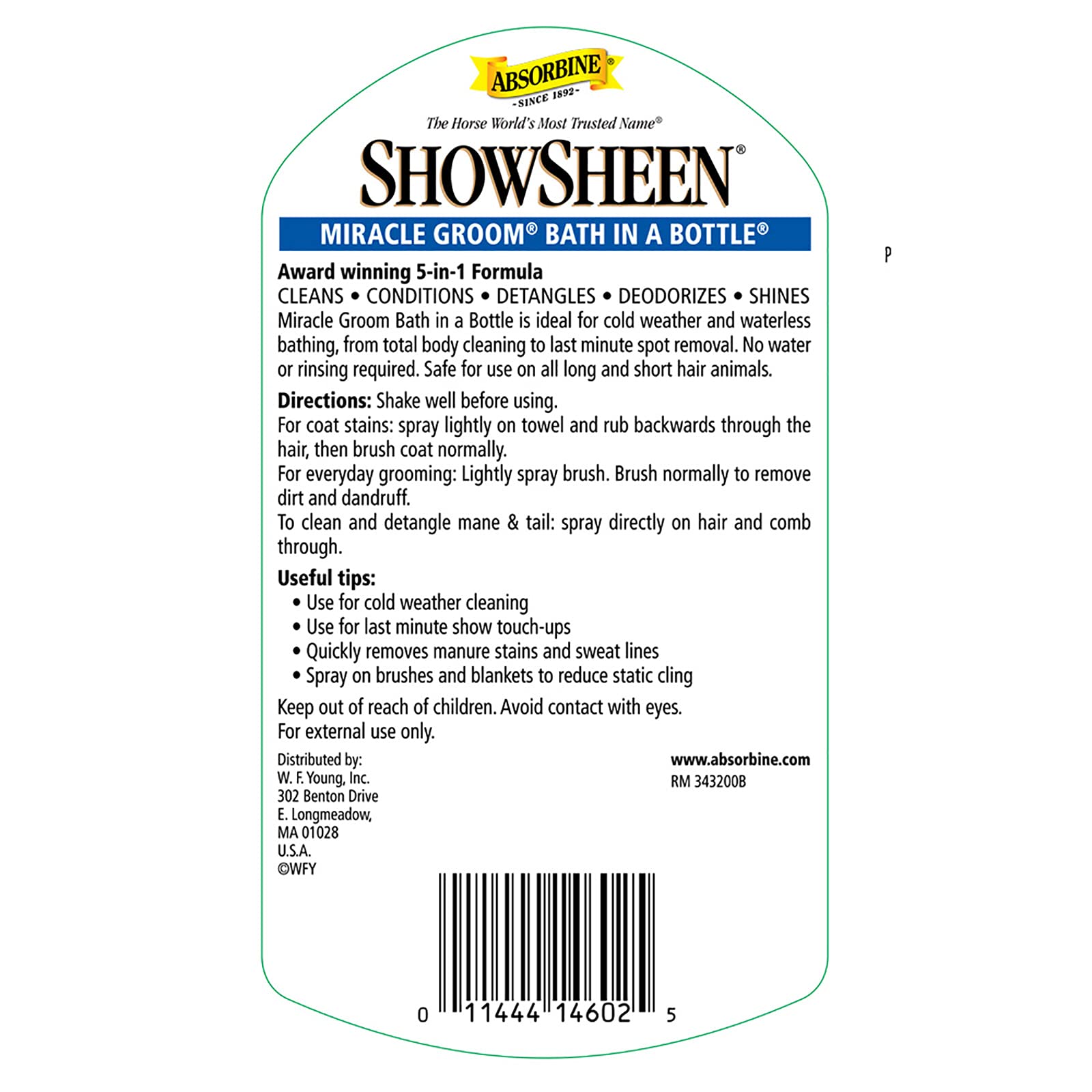 Absorbine Showsheen Miracle Groom Waterless Shampoo, 5-In-1 Formula For Coat, Mane & Tail, 32Oz