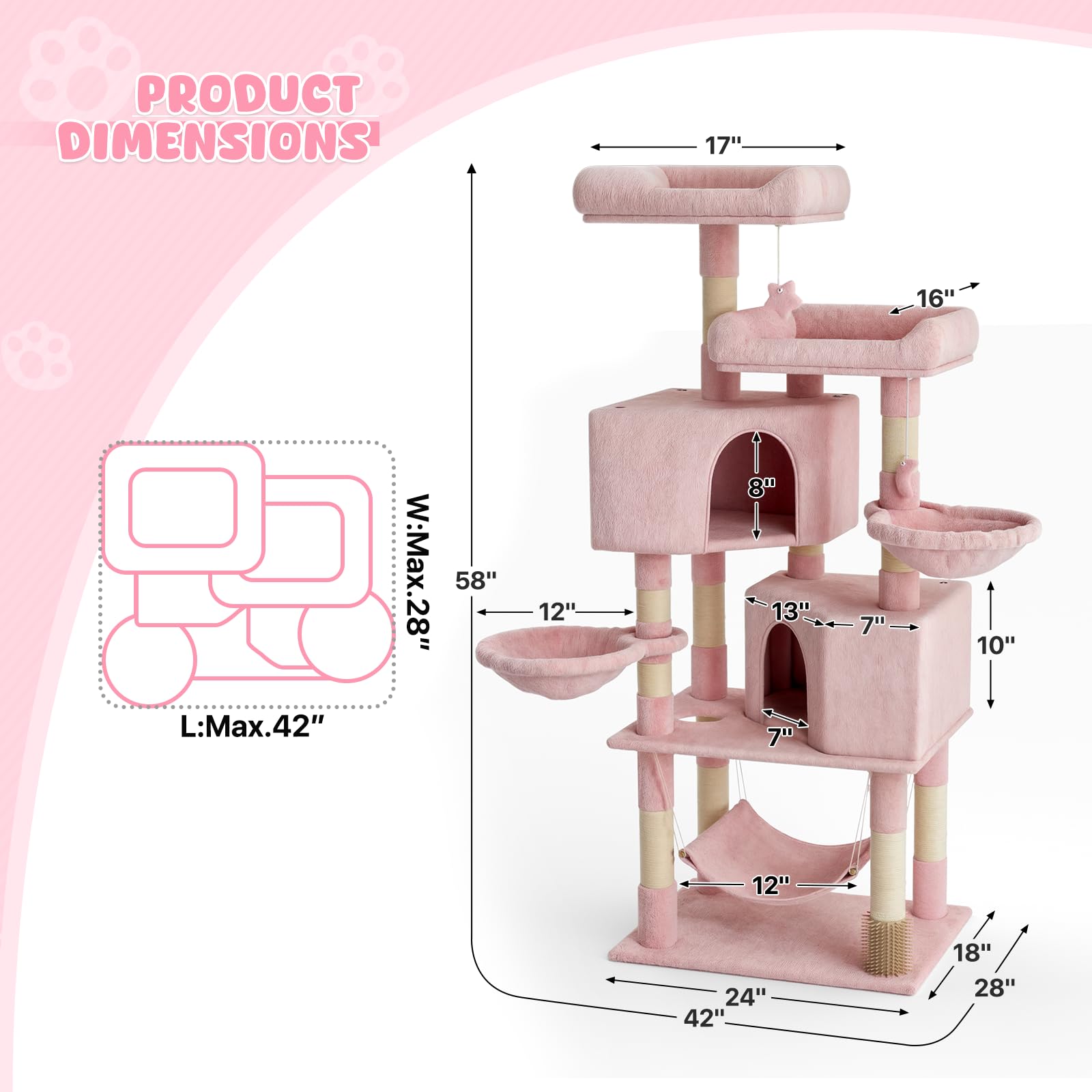 Magshion 58 Cat Tree Tower with Toy, Multi-Level Cat Condo with Scratching Posts, 2 Top Perches, Hammock, and Dangling Ball, Cat