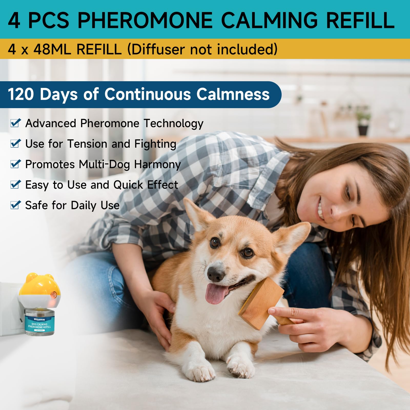 Woyamay Dog Calming Diffuser Refills - 4 Pack Dog Pheromones Calming Diffuser for Dog Anxiety Relief, Dog Pheromone Diffuser, 12