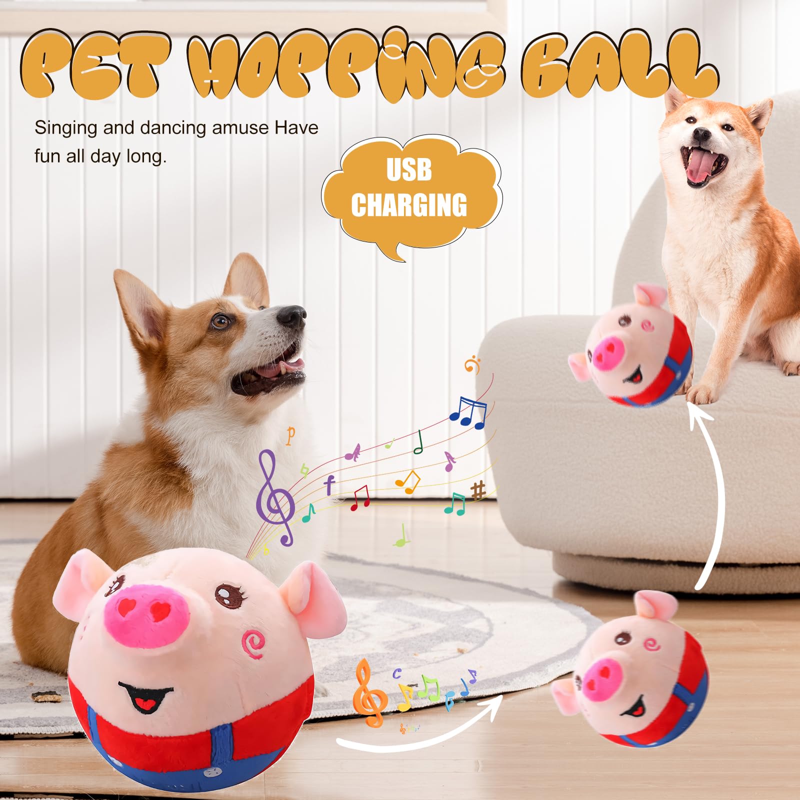Active Moving Pet Plush Toy, Smart Interactive Dog Toy Pet Bouncing Balls, Usb Rechargeable Washable Cartoon Pig Plush Squeaky P