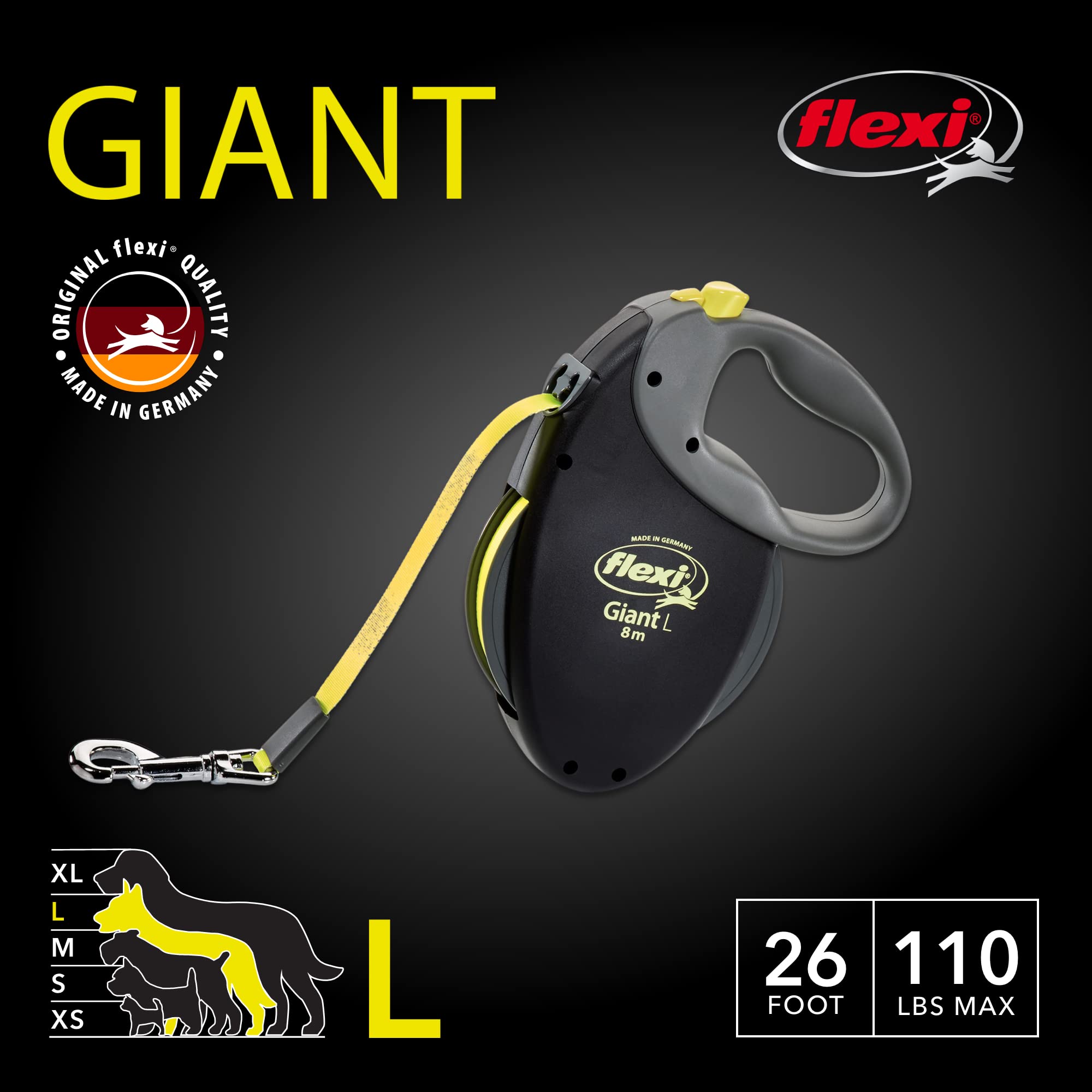 Flexi Giant Tape Retractable Dog Leashes For Large Dogs Upto 110 Lbs. – 26 Ft., Black | Tangle Free Pet Walking Leash With One-Handed Brake, Pause, Lock | German Quality Product