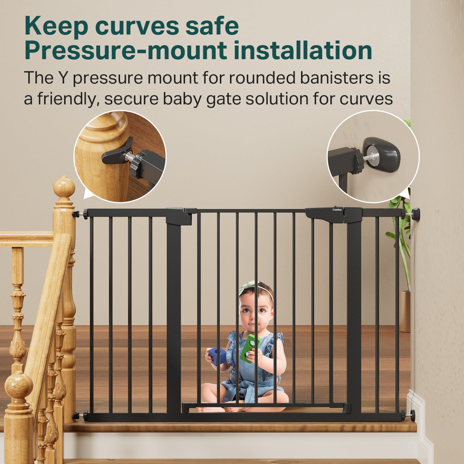 Cumbor 29.7-48' Baby Gate For Stairs, Mom'S Choice Awards Winner-Dog Gate For Doorways, Auto Close Safety Pet Gate For Dogs Indoor, Easy Install Pressure Mounted Child Gate With Walk Thru Door, Black
