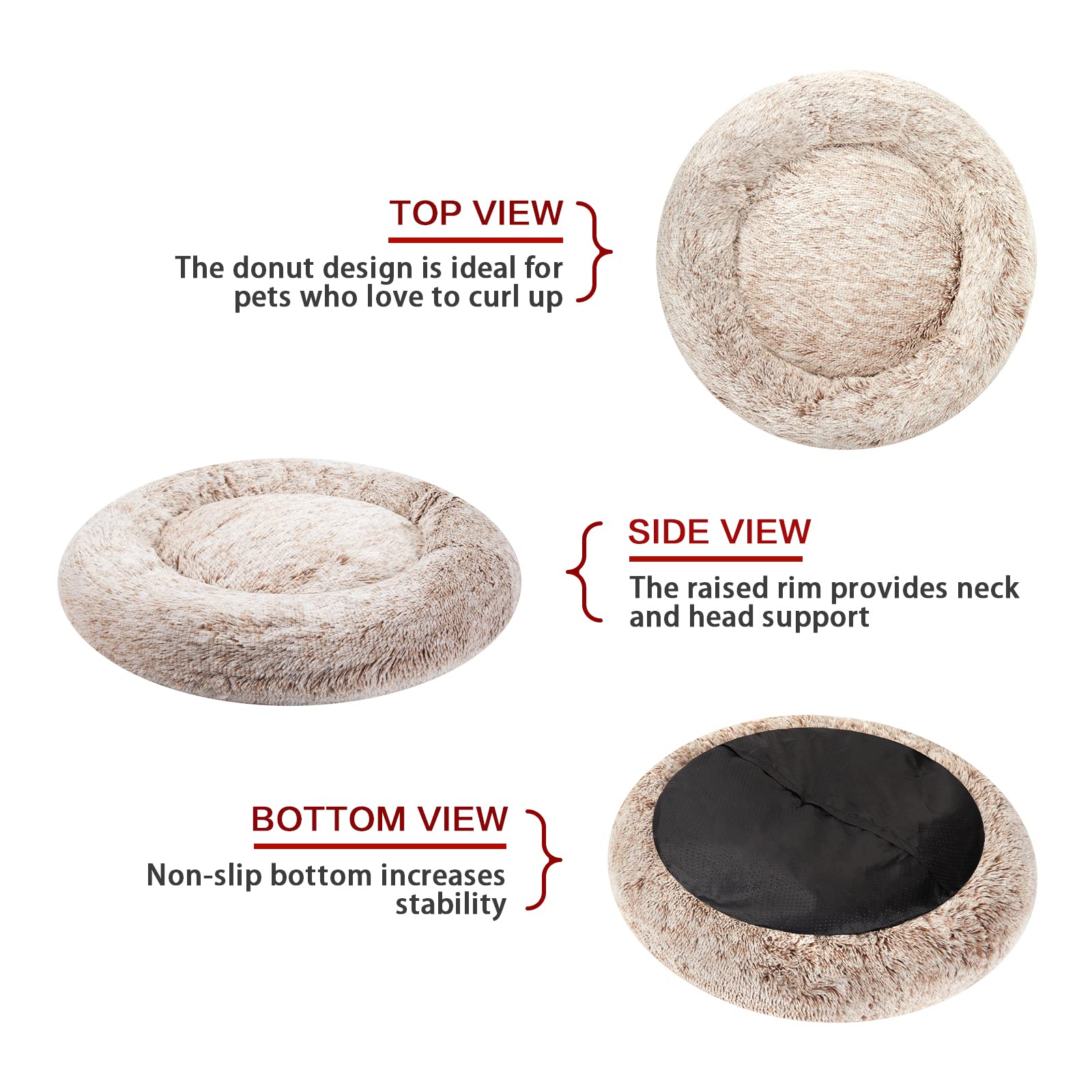 Bedfolks Calming Donut Dog Bed, 36 Inches Round Fluffy Dog Beds For Large Dogs, Anti-Anxiety Plush Dog Bed, Machine Washable Pet