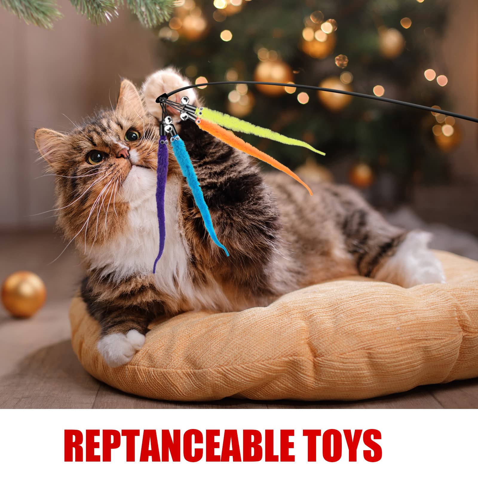 Cobee 12Pcs Cat Worm Toy Refills, Cat Wand Toy Replacement Refills Furry Tail Worm With Bells Assorted Cat Interactive Toy Refills With Bell For Cat Kitten Worm Refills Attachment For Cat Wand