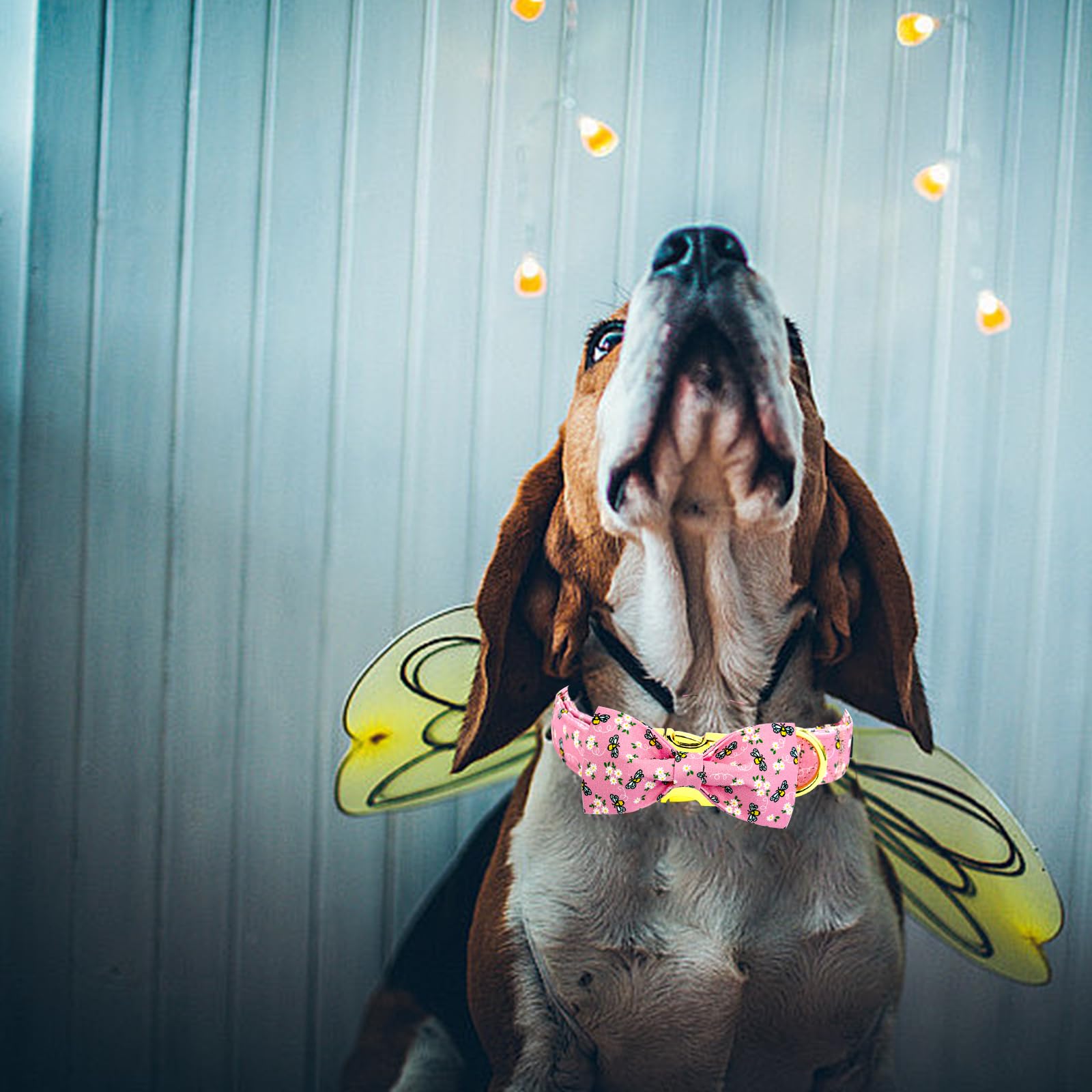 Elegant Little Tail Xs Dog Collar, Spring Floral Bees Print Cotton Soft Adjustable Collar With Handmade Bowtie For X-Small Dogs