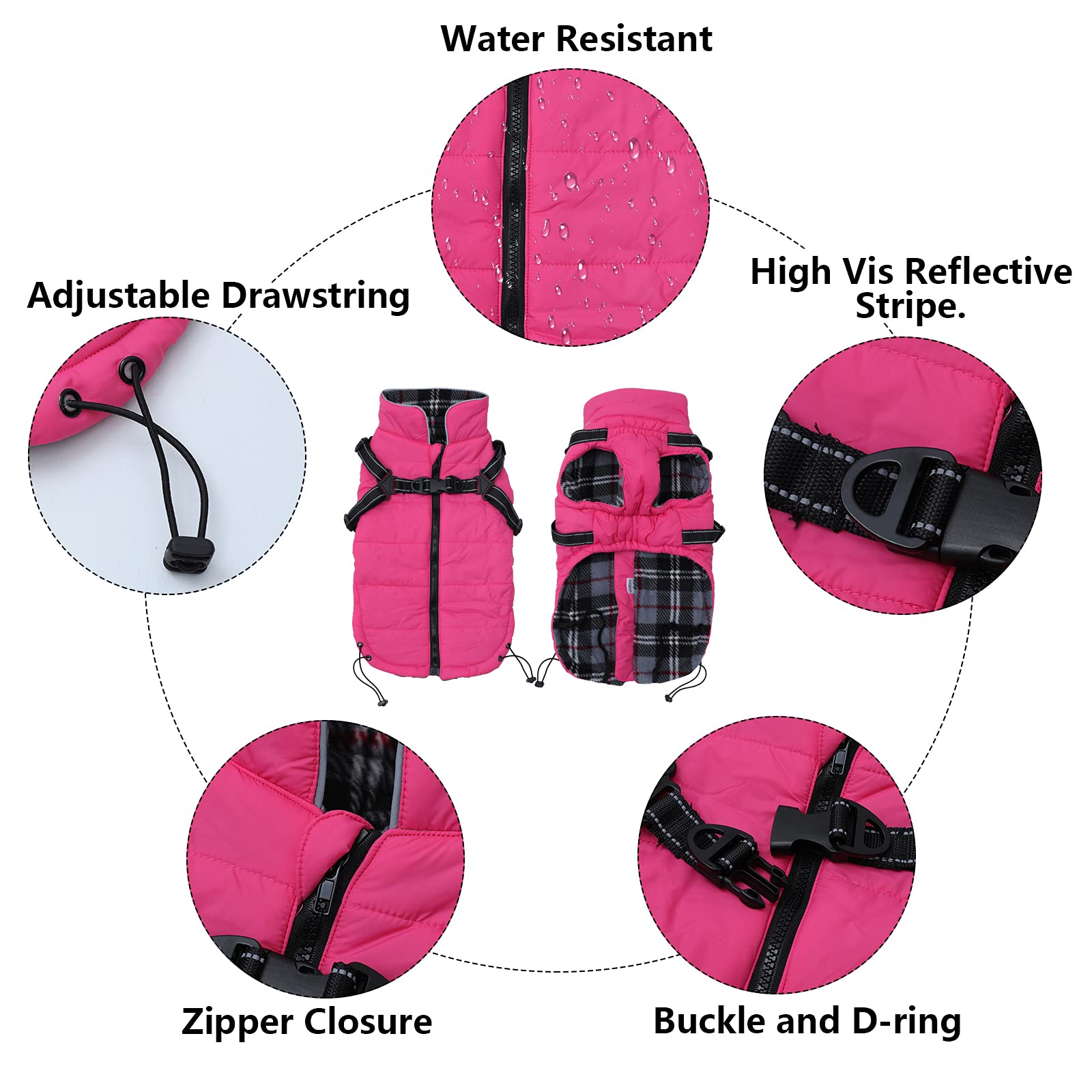 Winter Warm Coat Geyecete Waterproof Dog Jacket with Harness Traction Belt,Pet Outdoor Jacket Autumn and Winter Clothes for Medi