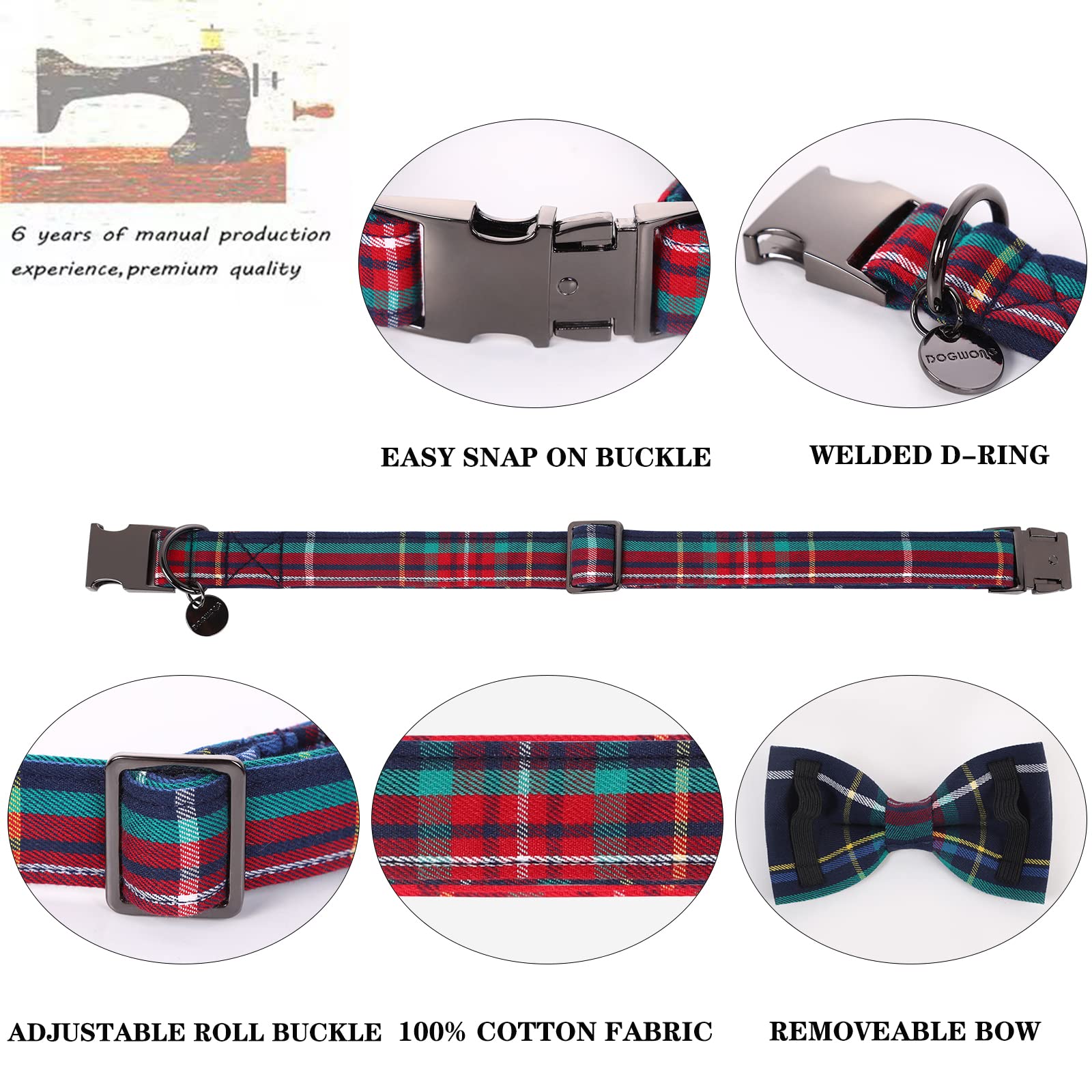 Dogwong Christmas Dog Collar With Bow Tie, Red Blue Plaid Gingham Dog Collar Soft Durable Adjustable Cotton Blue Tartan Puppy Co