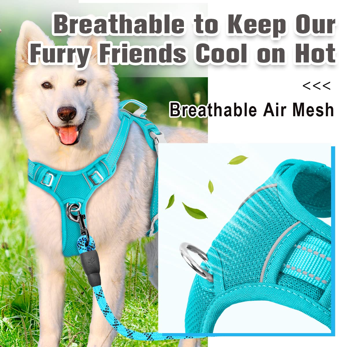 Barkbay No Pull Dog Harness Front Clip Heavy Duty Reflective Easy Control Handle For Large Dog Walking With Id Tag Pocket(Ocean Blue,M)