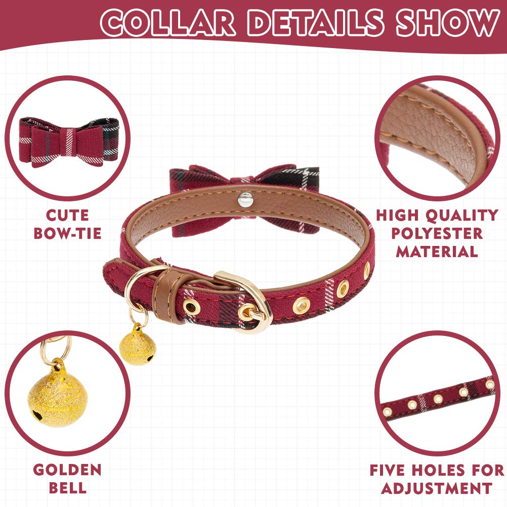 Expawlorer Dog Collar And Leash Set - Classic Plaid Dog Bow Tie And Dog Bandana Collar With Bell, Dog Leash Tangle Free, Adjusta