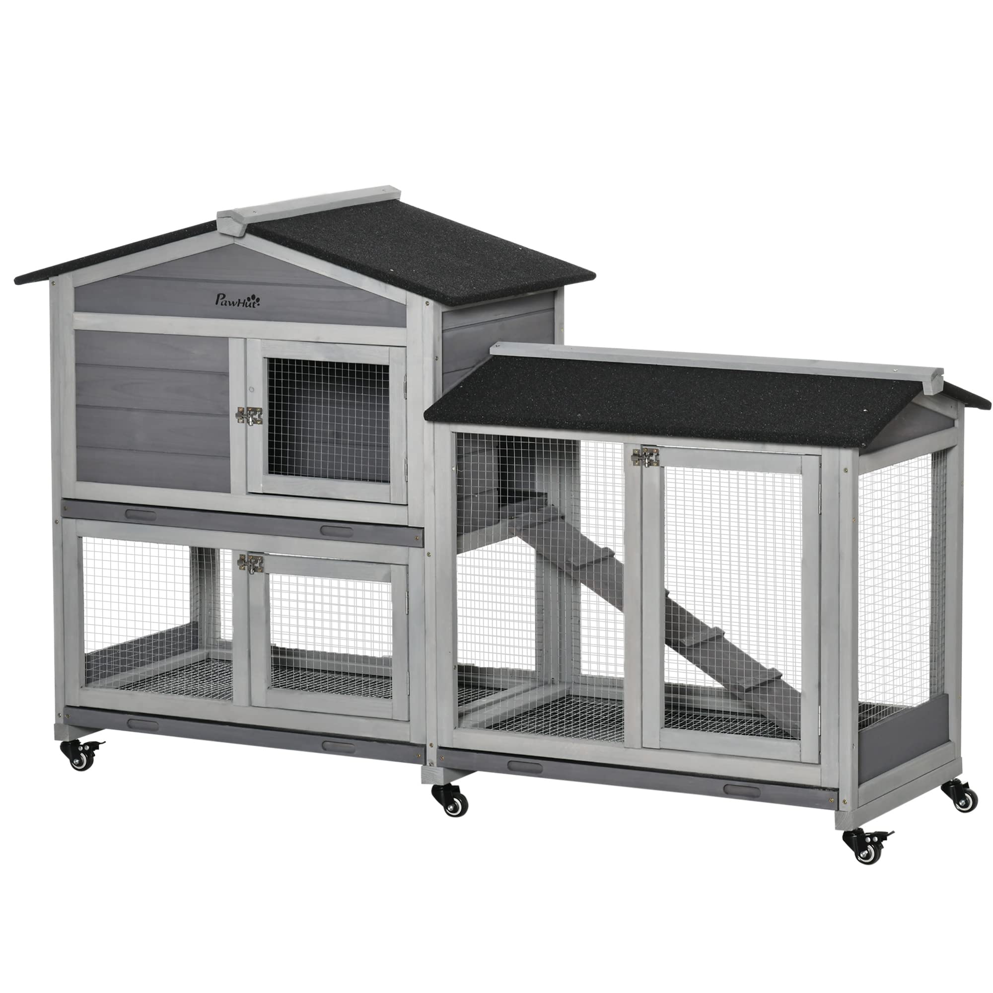 PawHut 62 Rabbit Hutch, Wooden Bunny Hutch, Guinea Pig Cage, Small Animal Enclosure with Wheels, Run Area, Removable Tray, Aspha