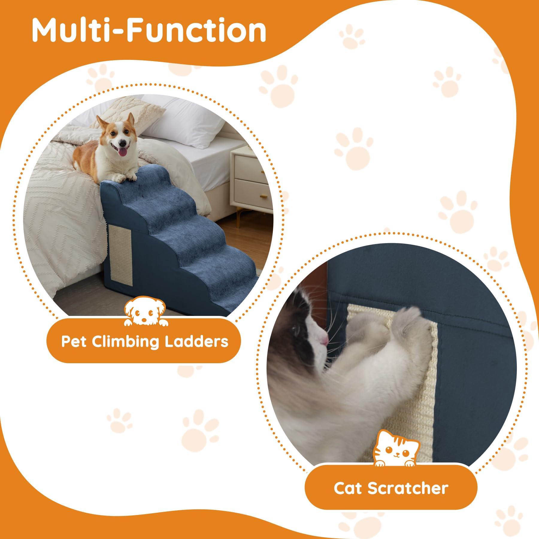 Pet Stairs For Small Dogs - 5-Step Curved Dog Ramp For Bed, Couch, Sofa, Car And Chairs - Non-Slip Bottom Design - Cat Scratchin
