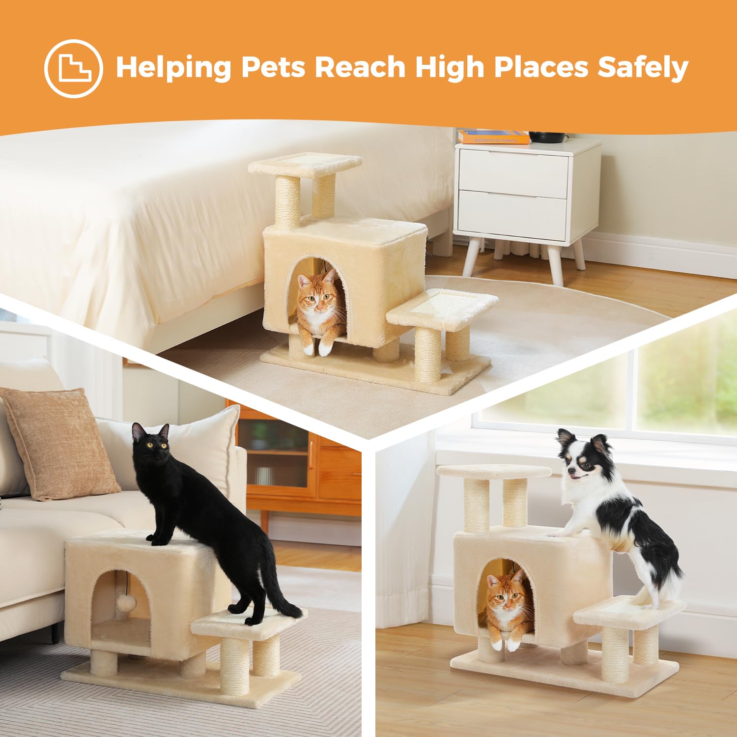 Uymi 3-In-1 Cute Dog Stairs & Cat Scratching Post With Condo, Pet Steps For High Bed, Sofa, Couch, Tall Cat Tower, High-Strength