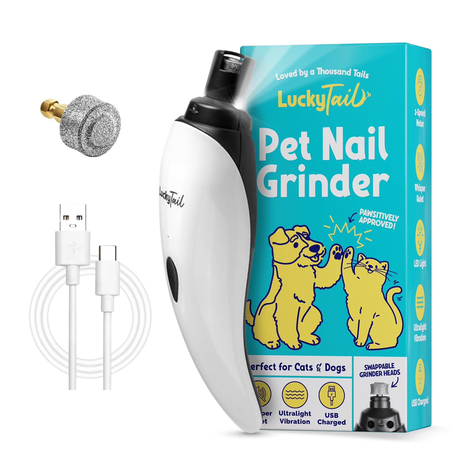 Luckytail - Dog Nail Grinder - Small & Large Dogs - Whisper Quiet Operation (30- 50Db) - Powerful 2-Speed Motor - Led Light - Re