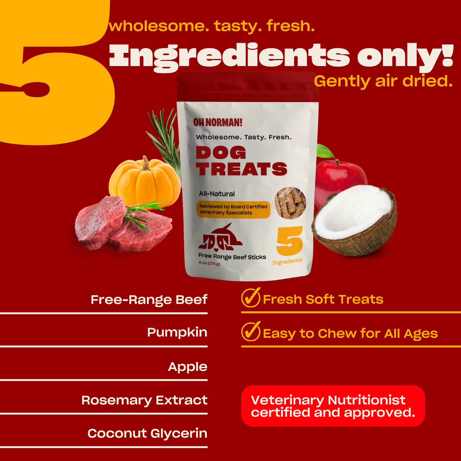 OH NORMAN! Soft Beef Jerky Dog Treats, Healthy, Air Dried, 6 Oz, All Life Stages, Ethically Sourced Free Range Beef