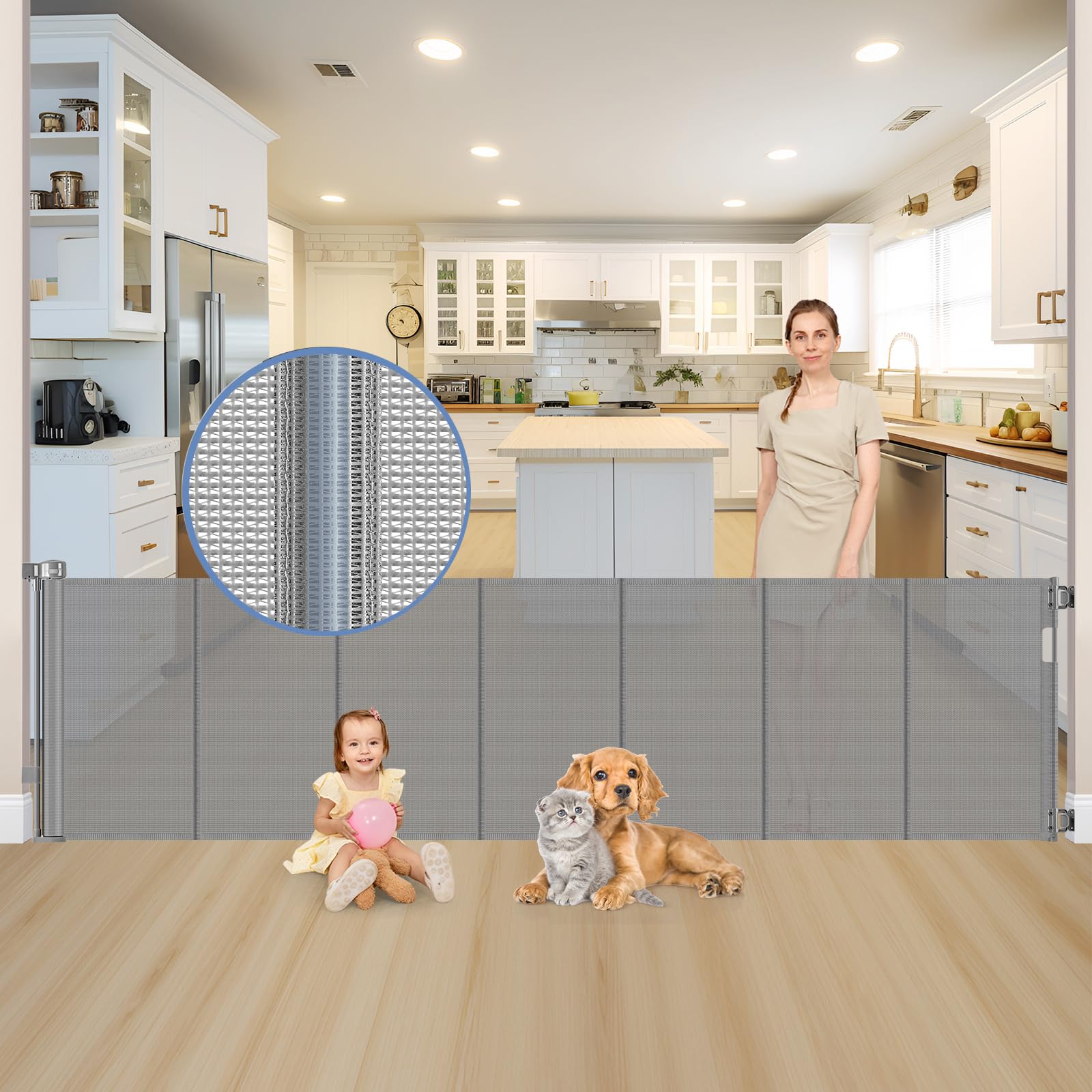 Reinforced 120 Inch Extra Large Baby Gate for Doorway, 33 Inch Tall Retractable Baby Gates Extra Wide, 10 Ft Mesh Gates for Kids