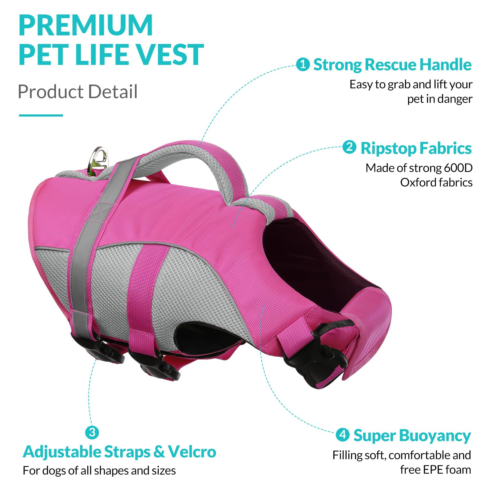 Queenmore Dog Life Vest For Swimming, Adjustable High Visibility Dog Life Jacket With Superior Buoyancy And Rescue Handle, Pink,