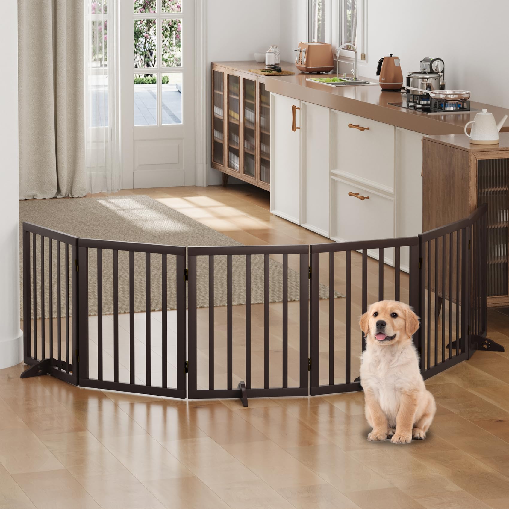 Brown Freestanding Foldable Pet Gate - 6 Panels, Metal Support Feet, Room Divider For Doorways & Bedroom